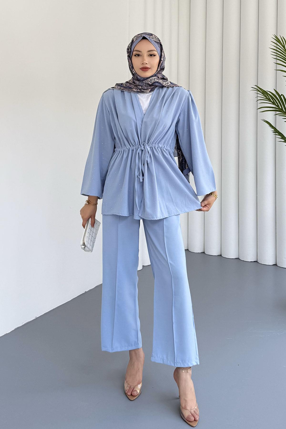 Belden Büzgülü Taş Serpmeli Kimono Pantolon Takım-MAVİ
