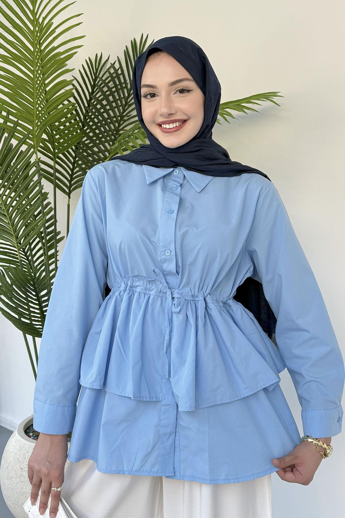 Beli Ayarlanabilir Katlı Tesettür Gömlek-MAVİ