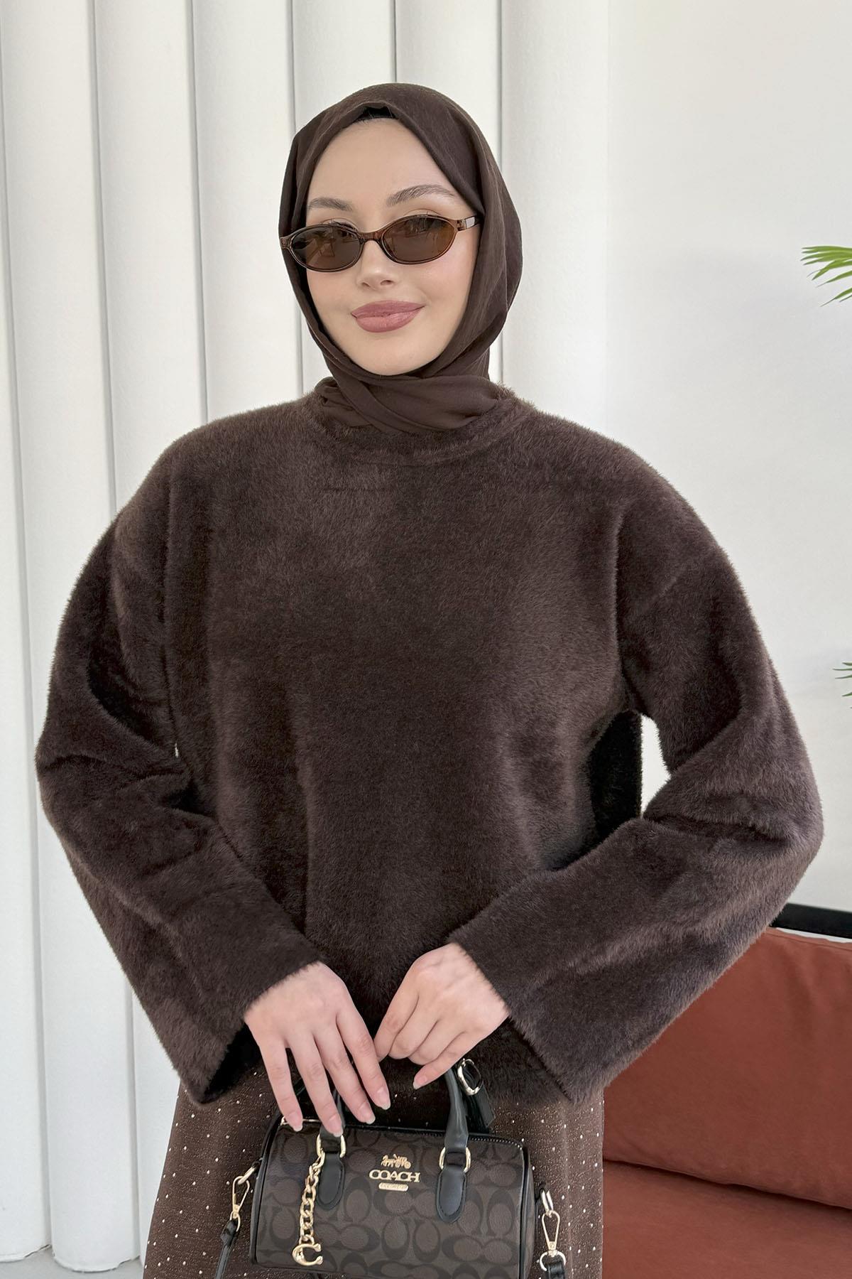 Bisiklet Yaka Yumuşak Dokulu Triko Kazak-ACI KAHVE