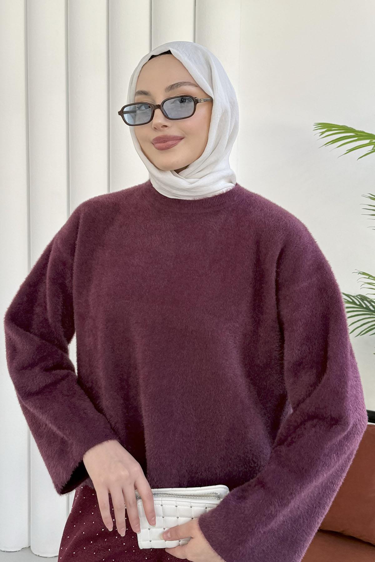 Bisiklet Yaka Yumuşak Dokulu Triko Kazak-MÜRDÜM