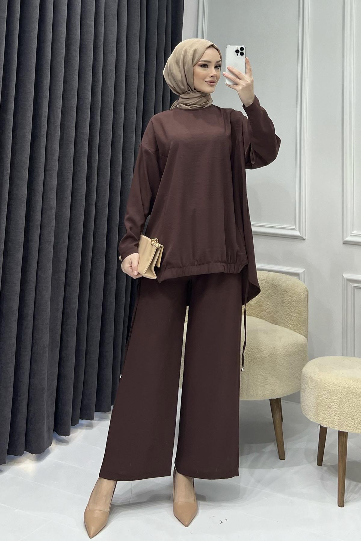 Biye Detaylı Pantolonlu Tesettür Takım-KAHVERENGİ
