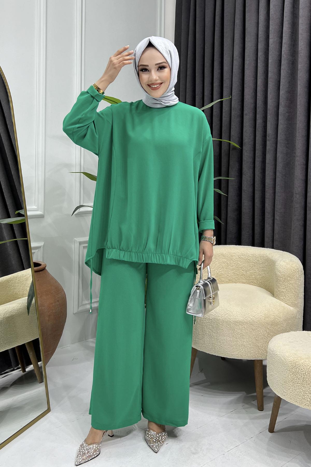 Biye Detaylı Pantolonlu Tesettür Takım-BENETTON YEŞİLİ