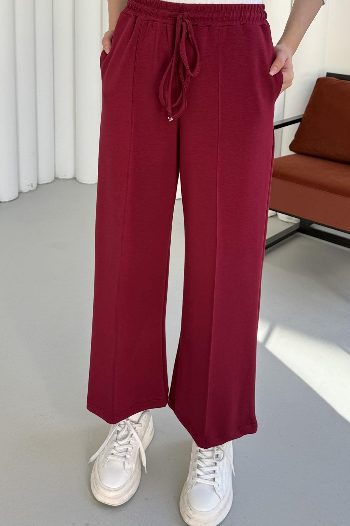 Biyeli Bol Paça Oysho Kumaş Pantolon-BORDO