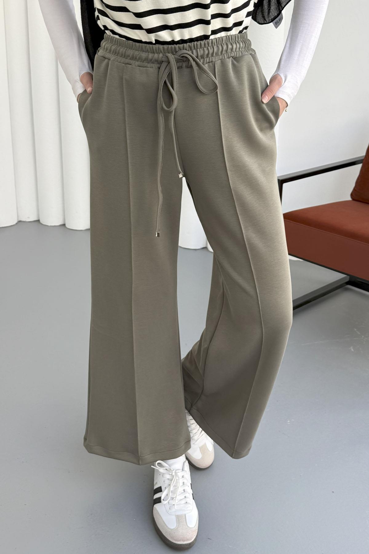 Biyeli Bol Paça Oysho Kumaş Pantolon-HAKİ YEŞİL