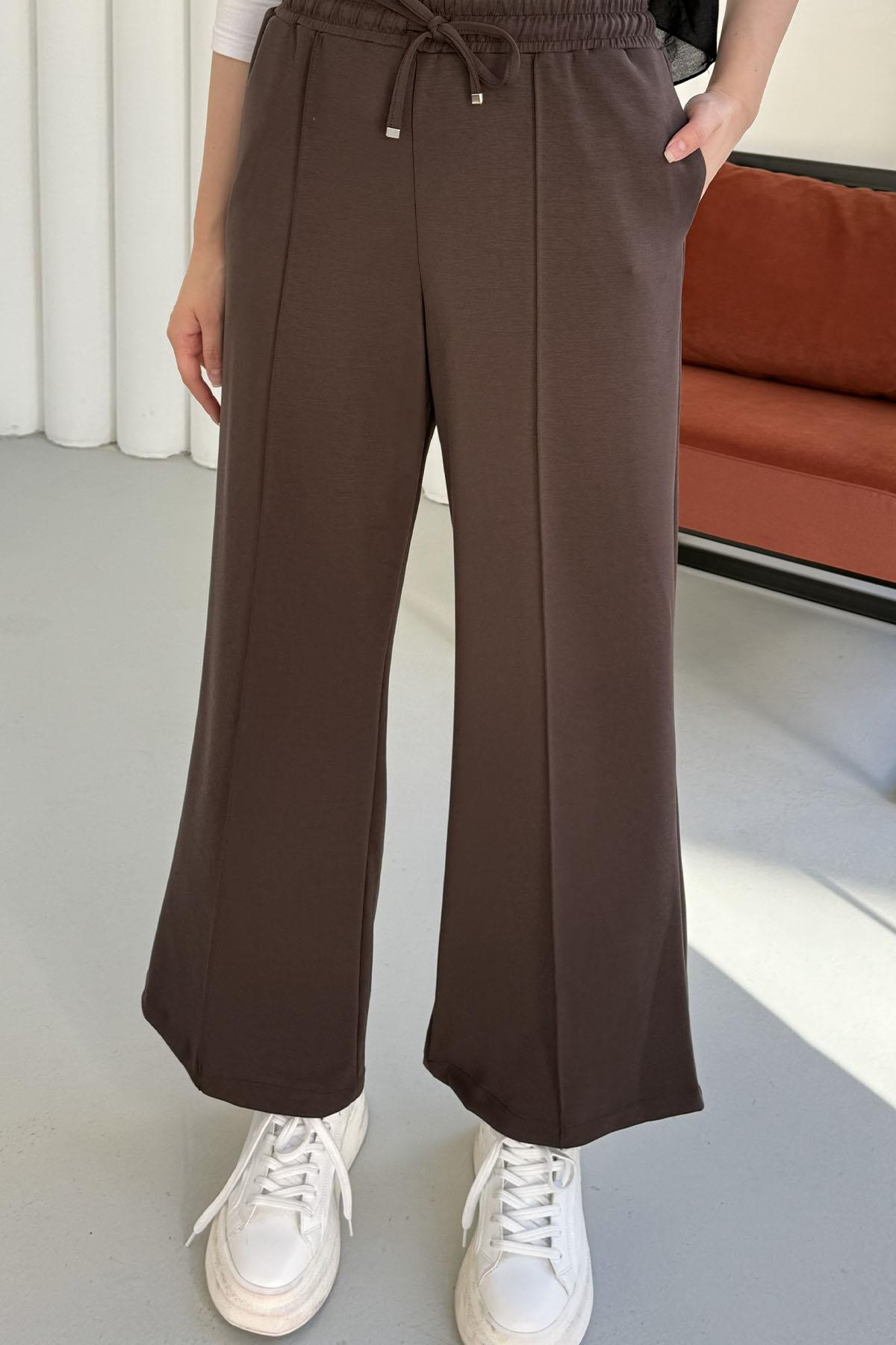 Biyeli Bol Paça Oysho Kumaş Pantolon-KAHVERENGİ