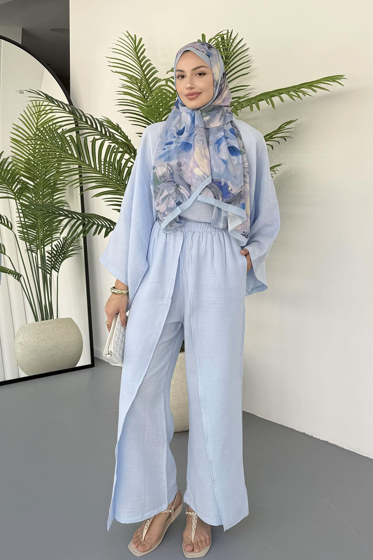 Bluzu Yarasa Kol Detaylı Pantolonlu Tesettür Takım-MAVİ