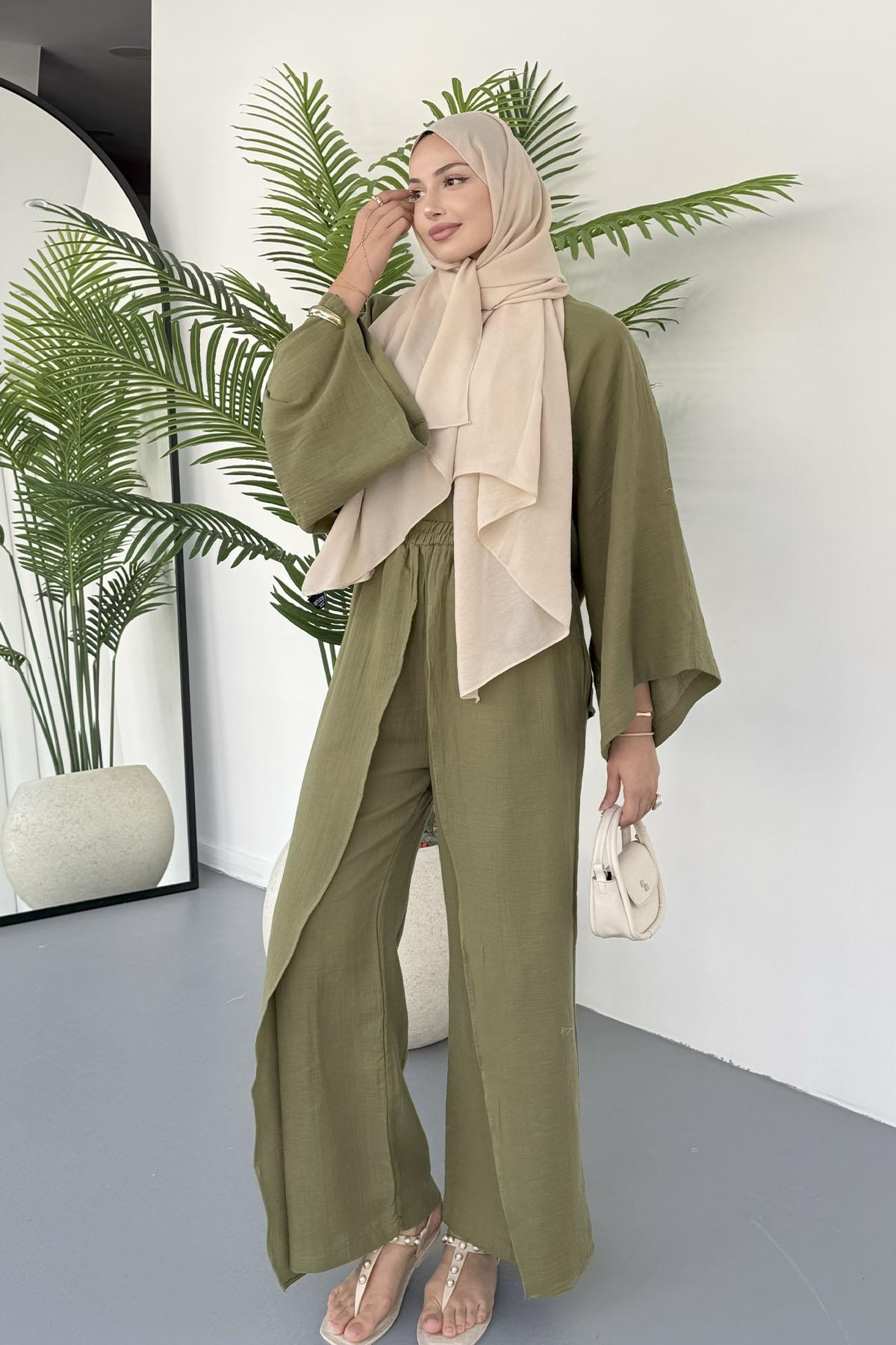 Bluzu Yarasa Kol Detaylı Pantolonlu Tesettür Takım-HAKİ YEŞİL