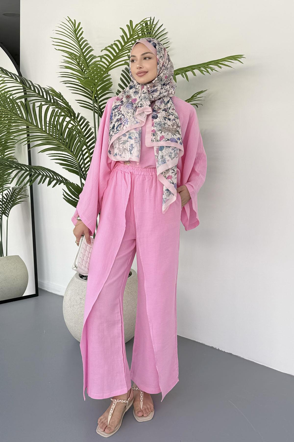 Bluzu Yarasa Kol Detaylı Pantolonlu Tesettür Takım-PEMBE