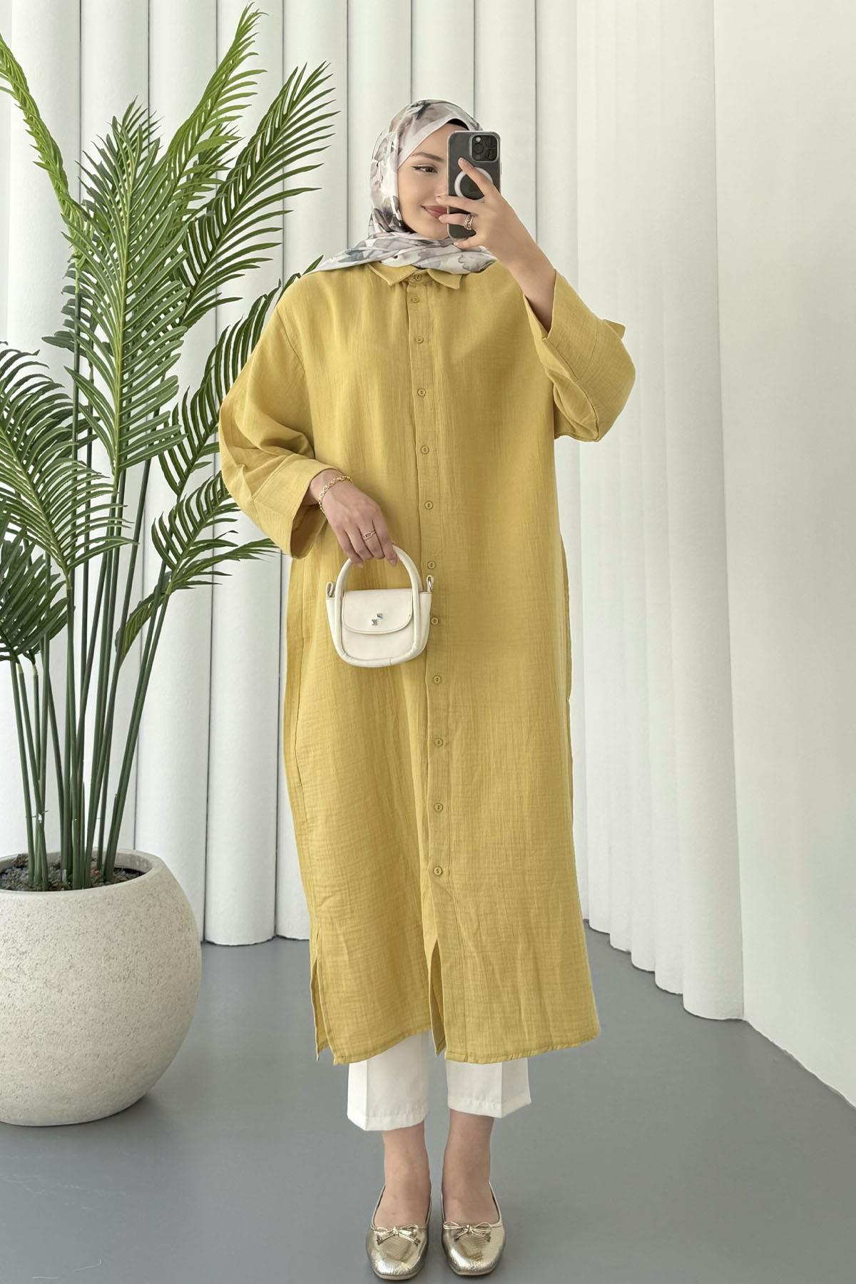 Boydan Düğmeli Geniş Kesim Araboy Tunik-OLİVE