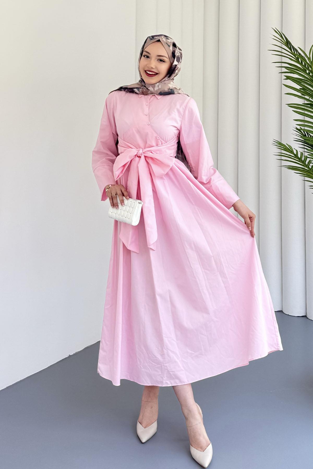 Çapraz Düğme Detaylı Bağlamalı Poplin Tesettür Elbise-PEMBE