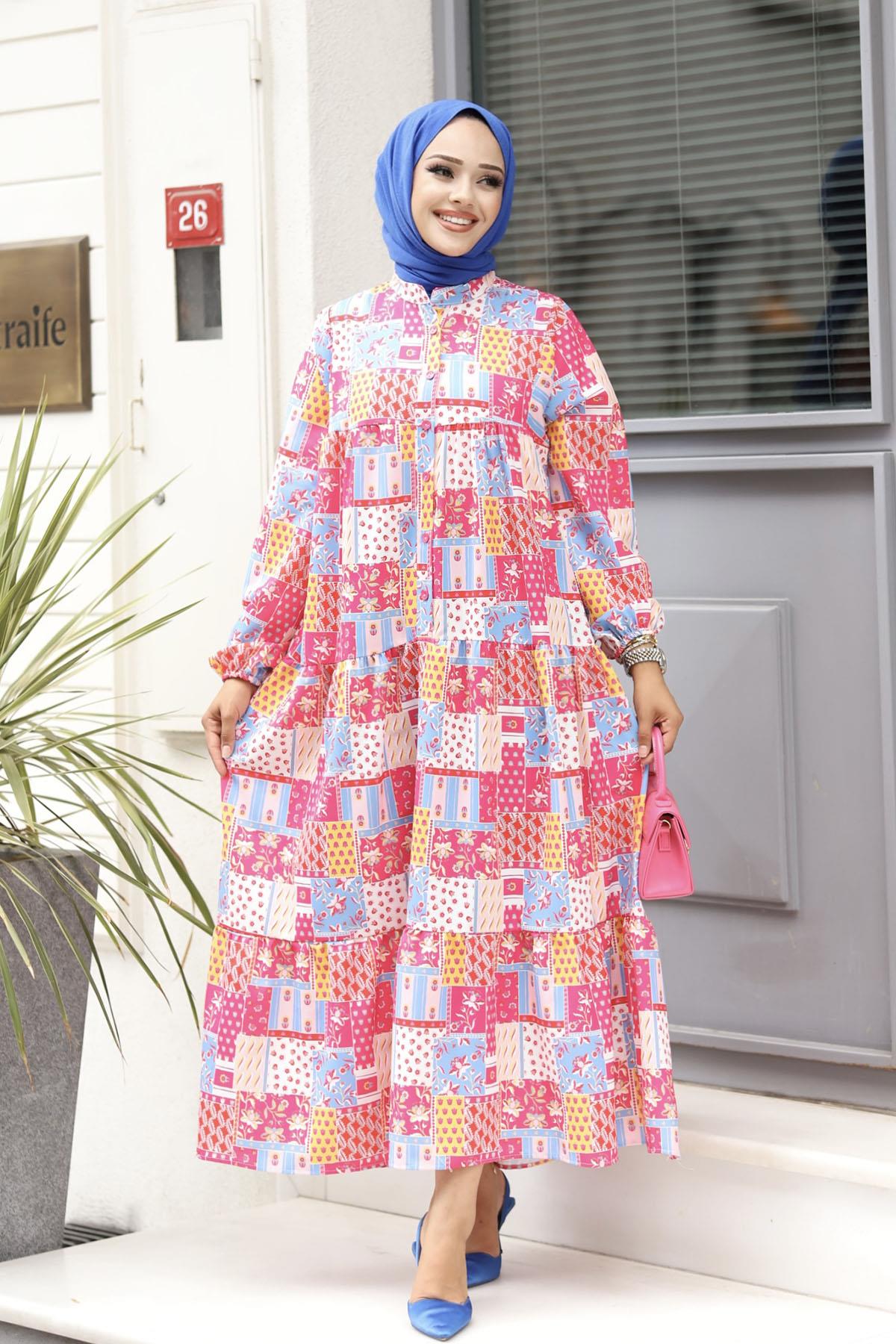 Çiçek Desenli Tesettür Elbise-PEMBE