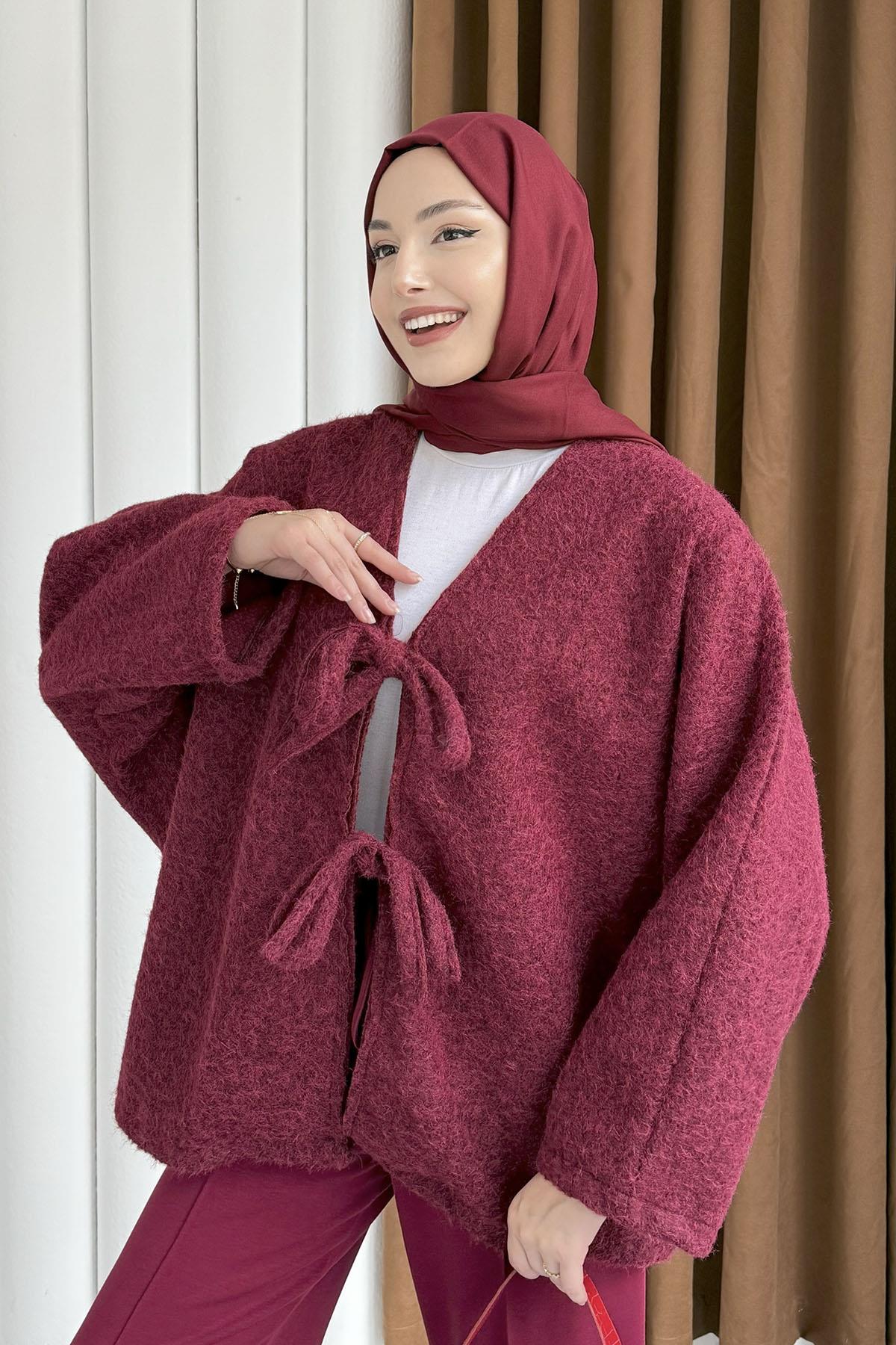 Çift Bağcık Detaylı Kırçıllı Kaşe Ceket-BORDO