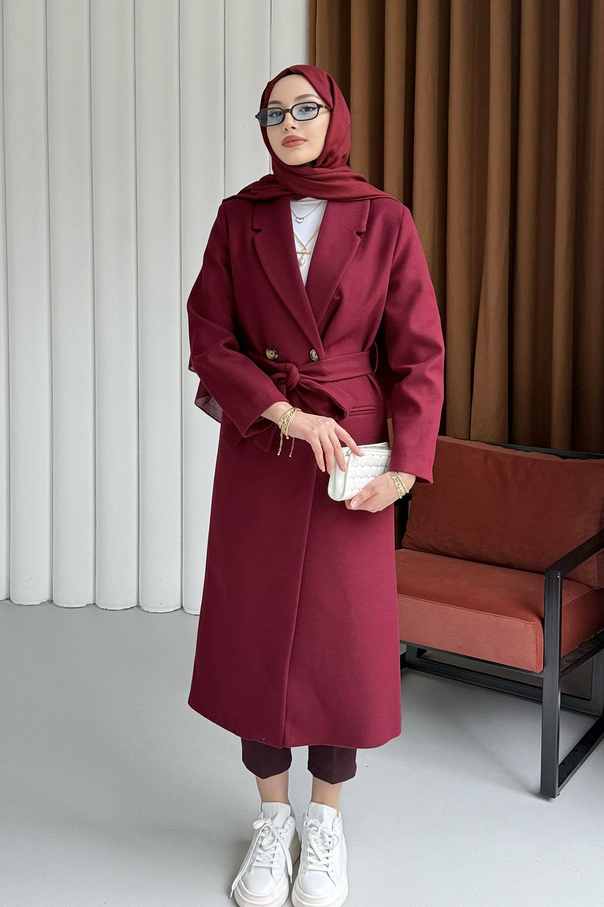 Çift Düğme Detaylı Kuşaklı Uzun Premium Kaşe Kaban-BORDO