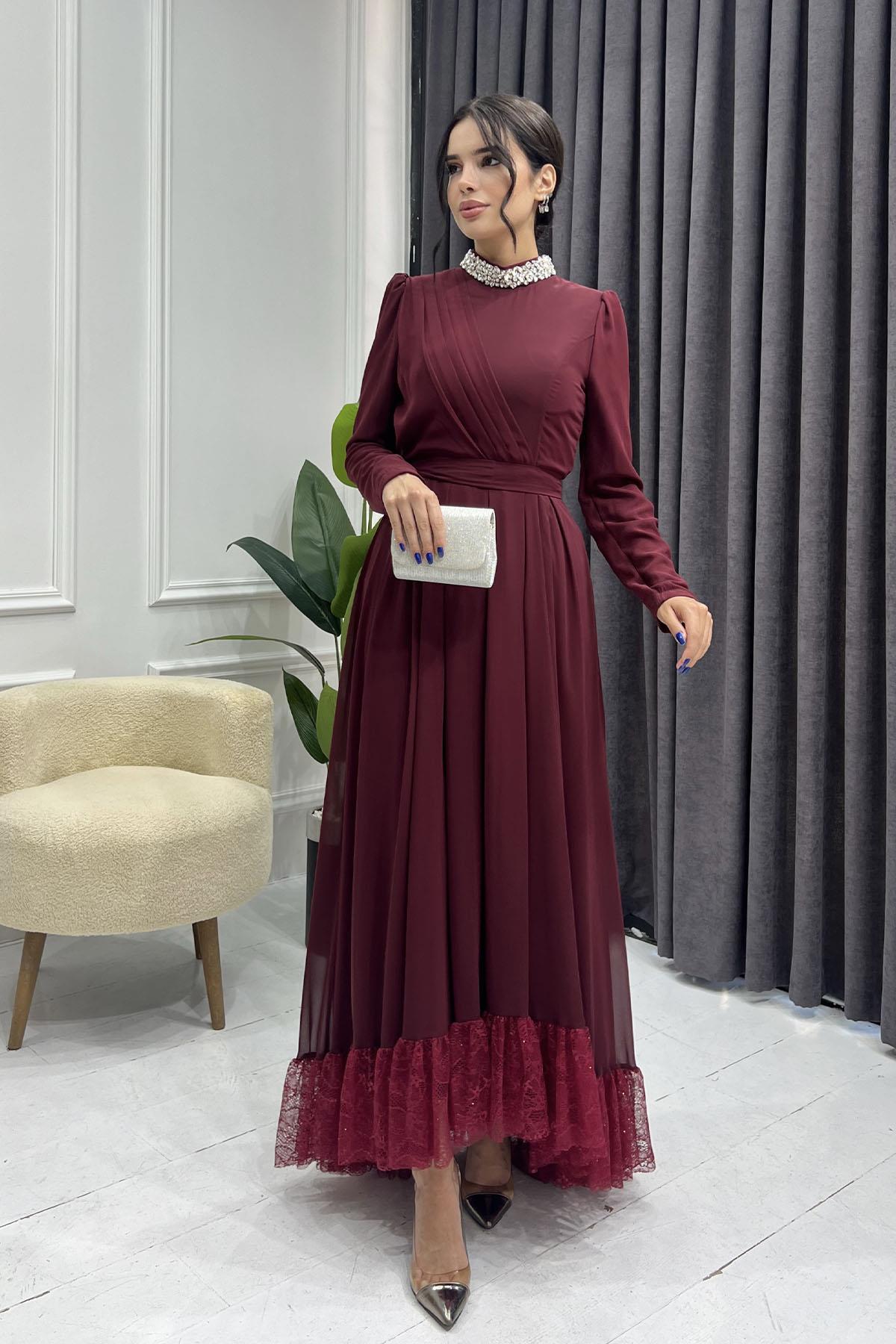 Dantel Ve Taş Detay Şifon Tesettür Elbise-BORDO