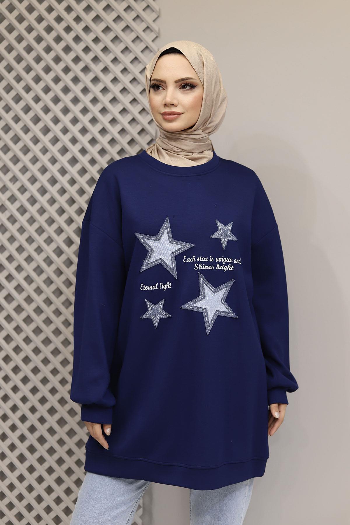 Denim Yıldız Detaylı Oversize Sweatshirt-LACİVERT