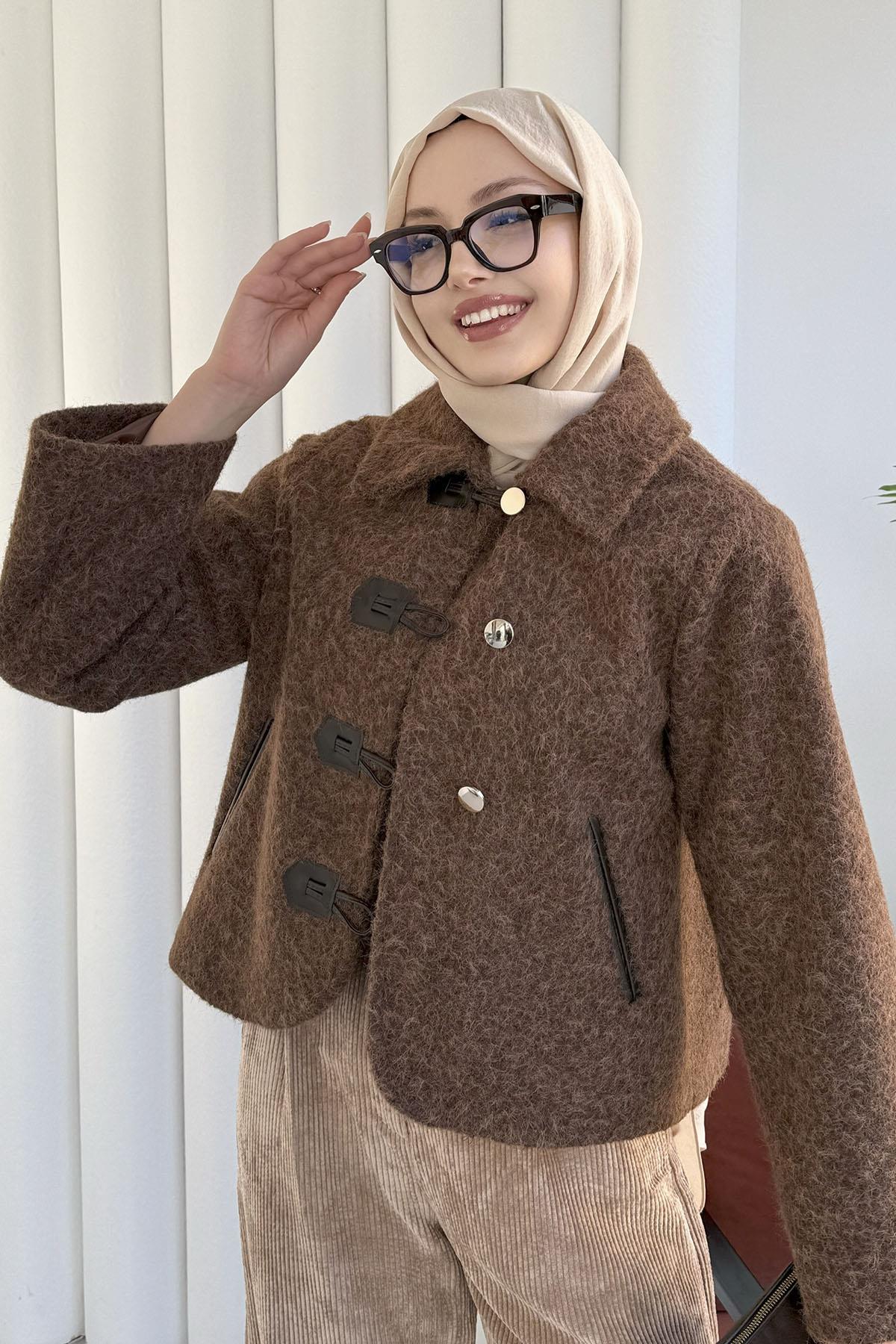 Deri Biyeli Flota Cepli Deri Tokalı Ceket-KAHVERENGİ