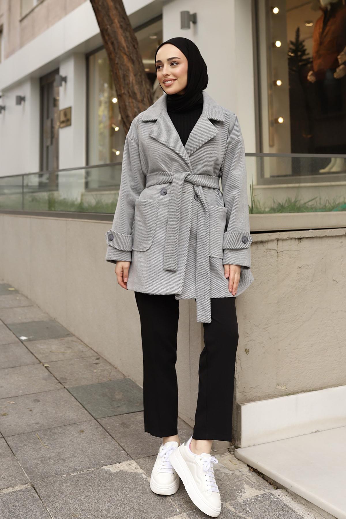 Diagonel Oversize Kaşe Kaban-GRİ
