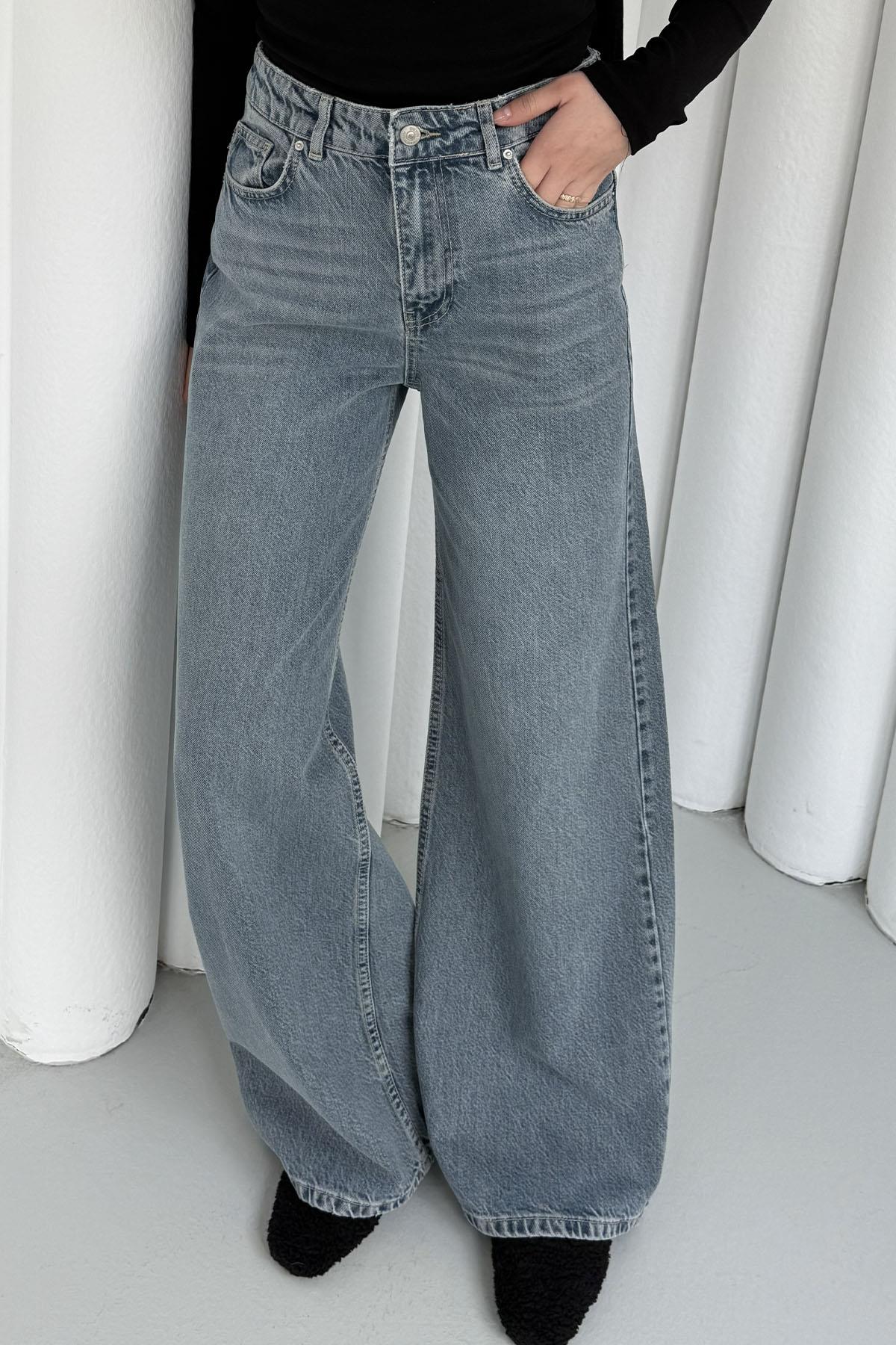 Dökümlü Geniş Denim Pantolon-MAVİ