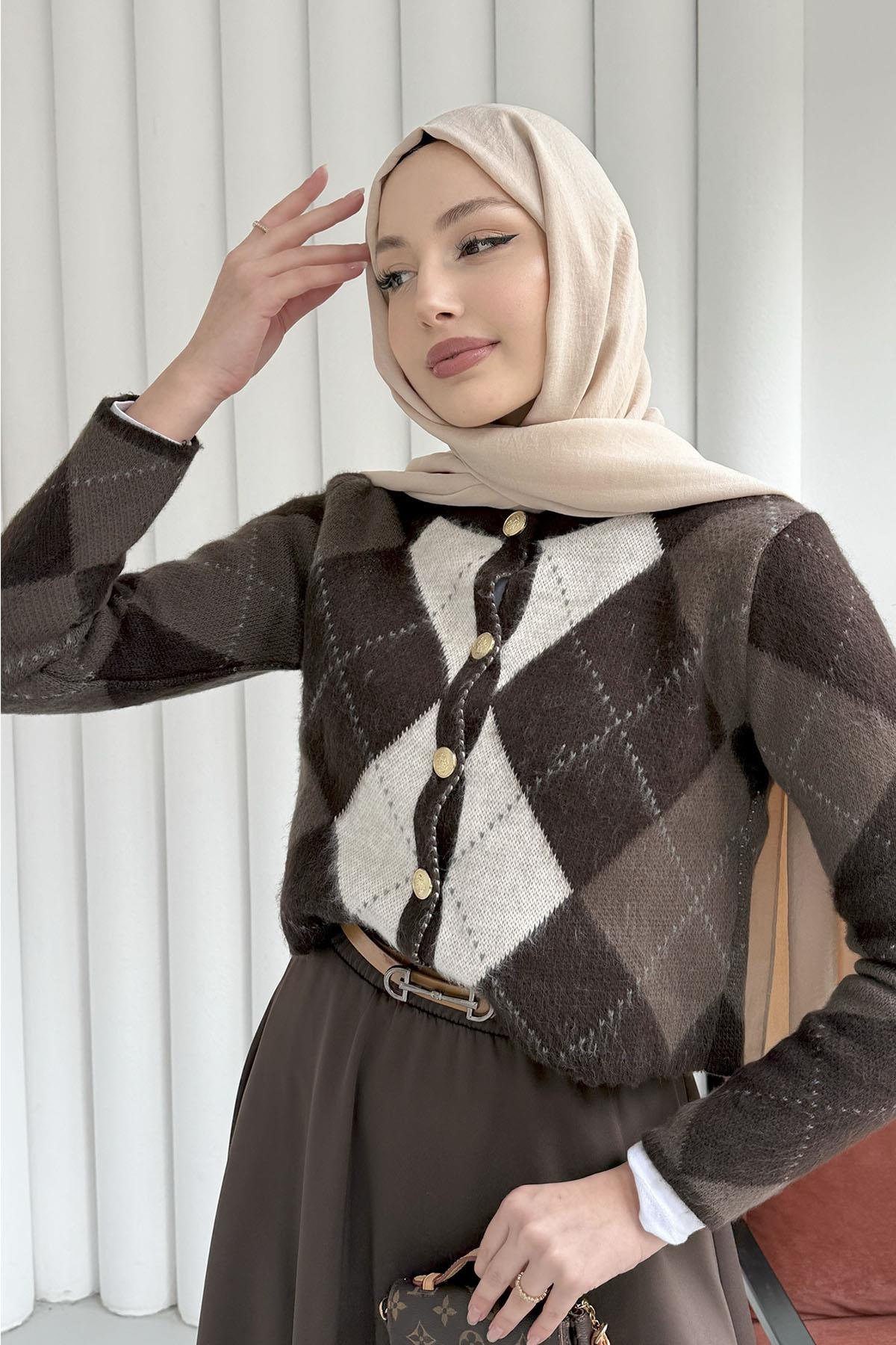 Ekose Desenli Crop Hırka-KAHVERENGİ