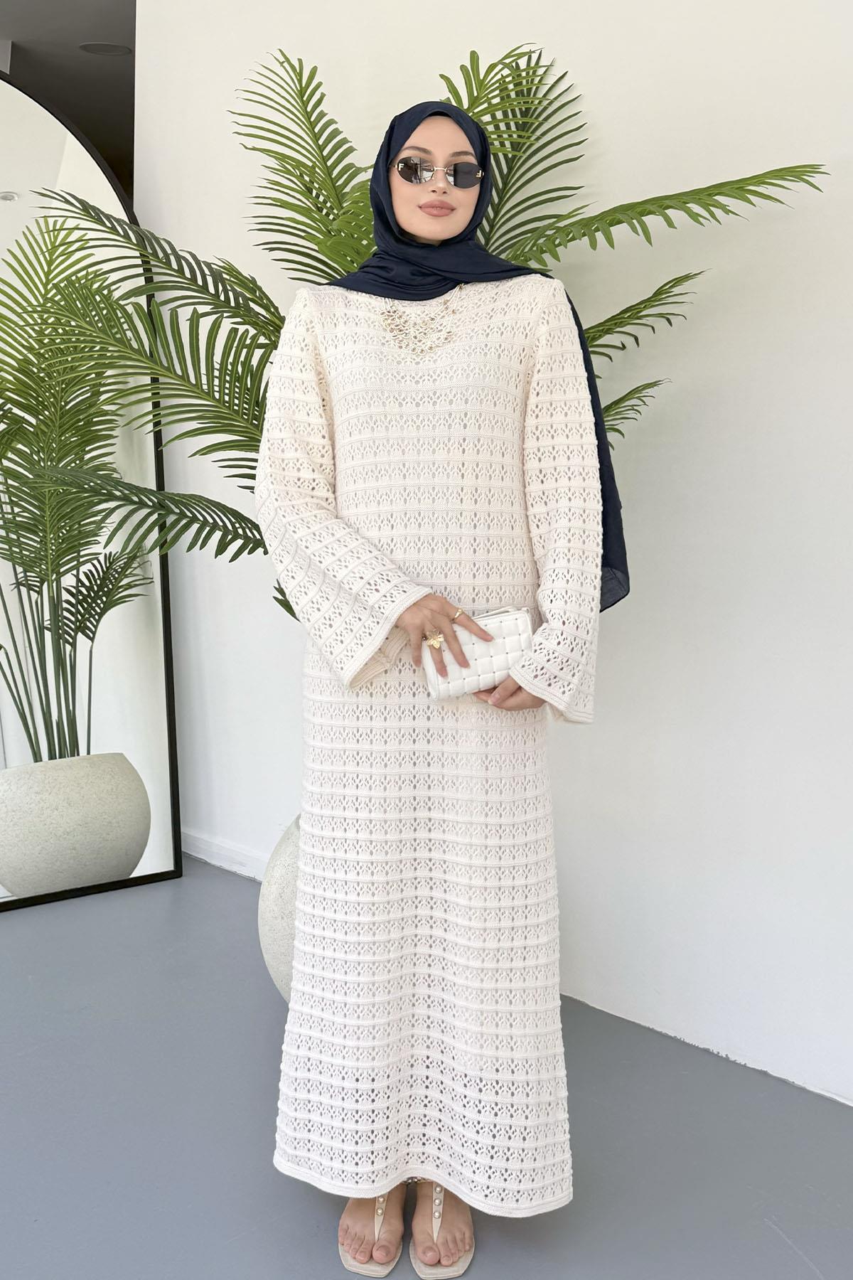 Eliza Doğal Dantel Tesettür Elbise-BEJ