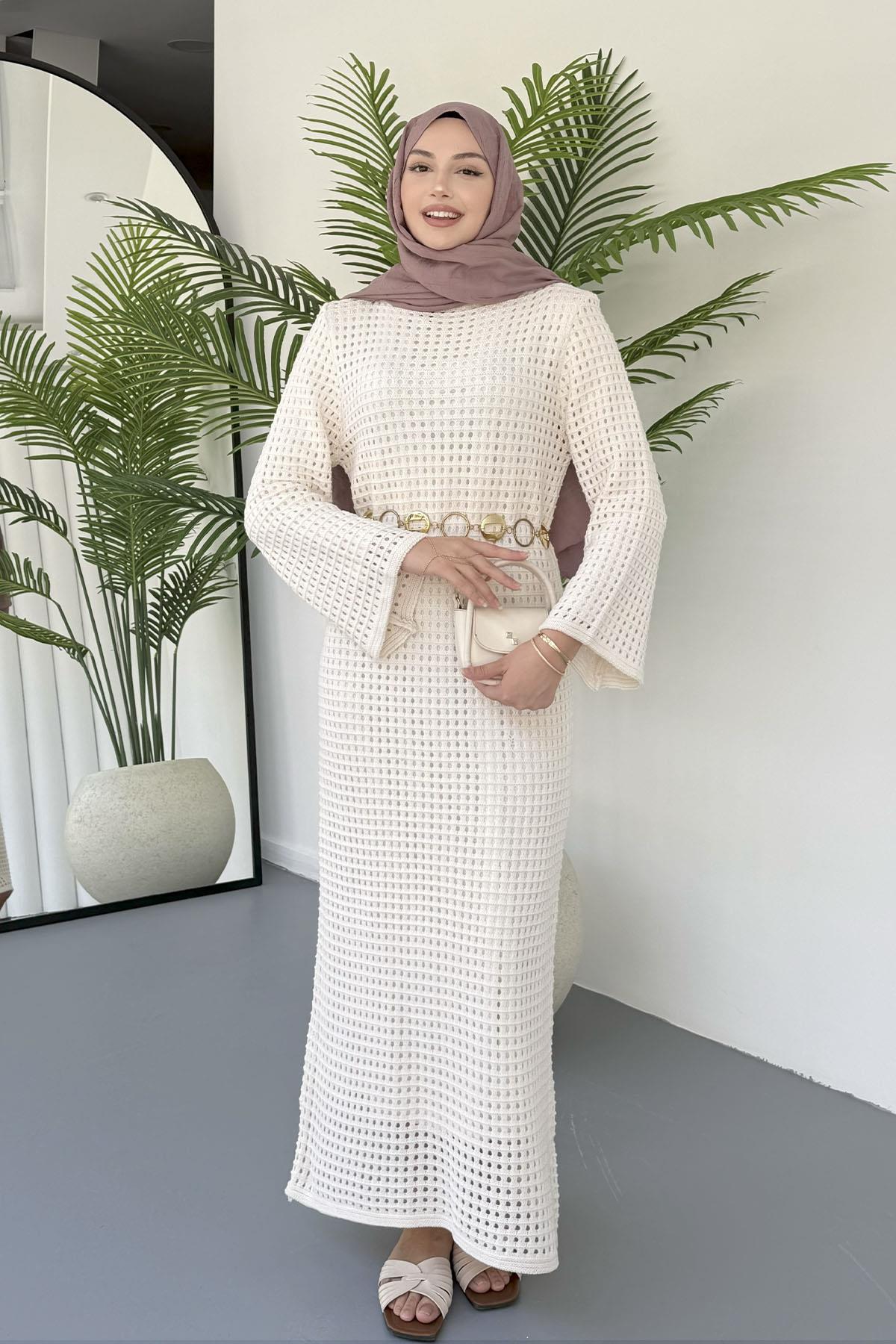 Eliza Doğal Dantel Tesettür Elbise-EKRU