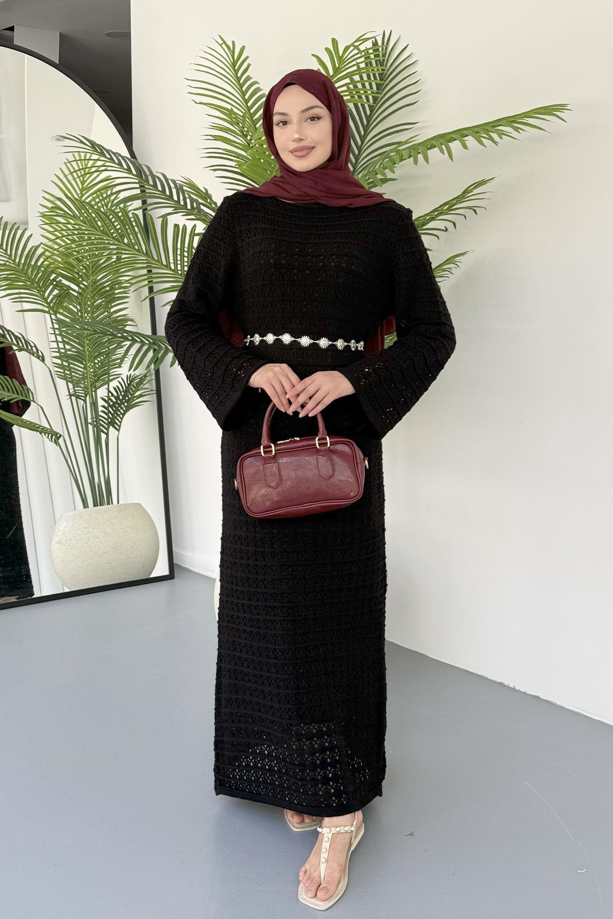 Eliza Doğal Dantel Tesettür Elbise-SİYAH