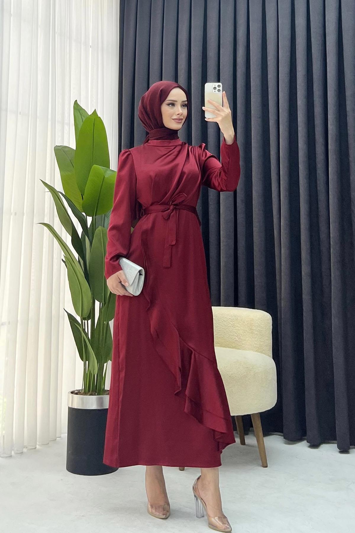 Eteği Volanlı Saten Abiye-BORDO