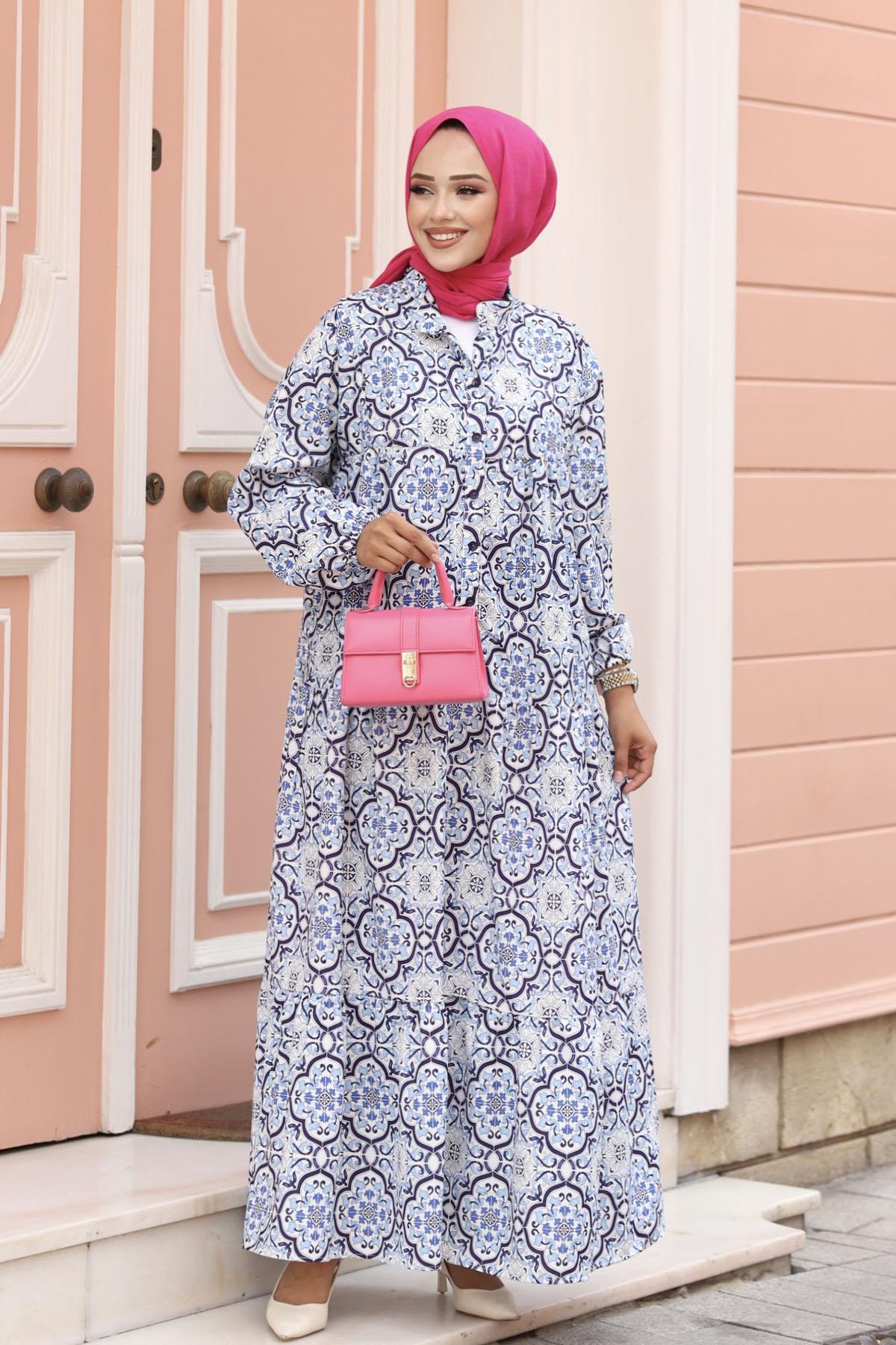 Etnik Desen Oversize Tesettür Elbise-MAVİ