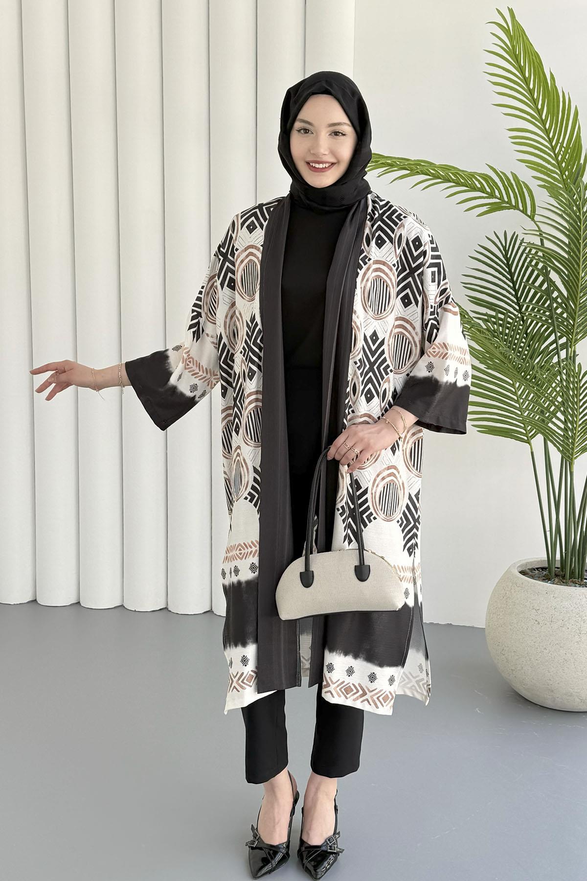 Etnik Desenli Kimono-SİYAH