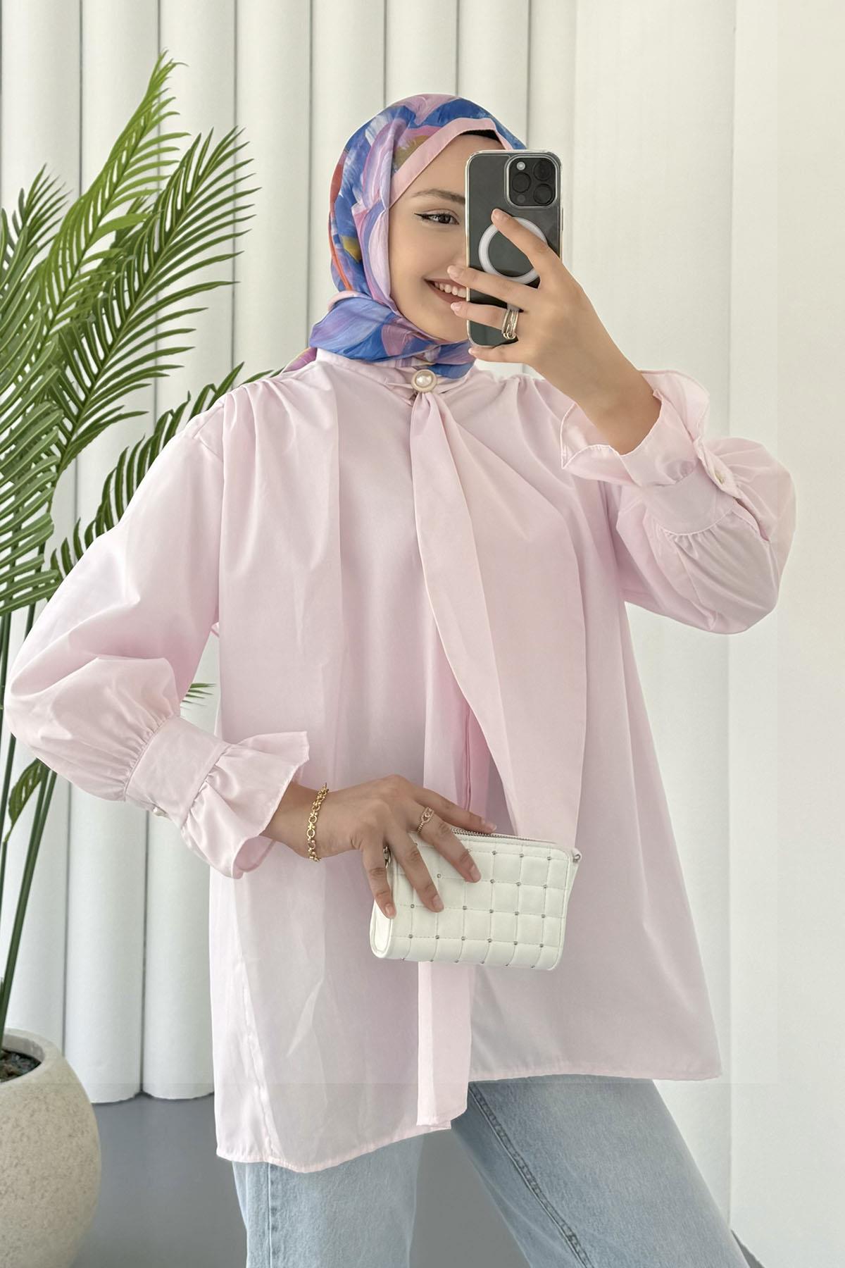 Fular Detaylı Kolları Fırfırlı Tesettür Gömlek-PEMBE