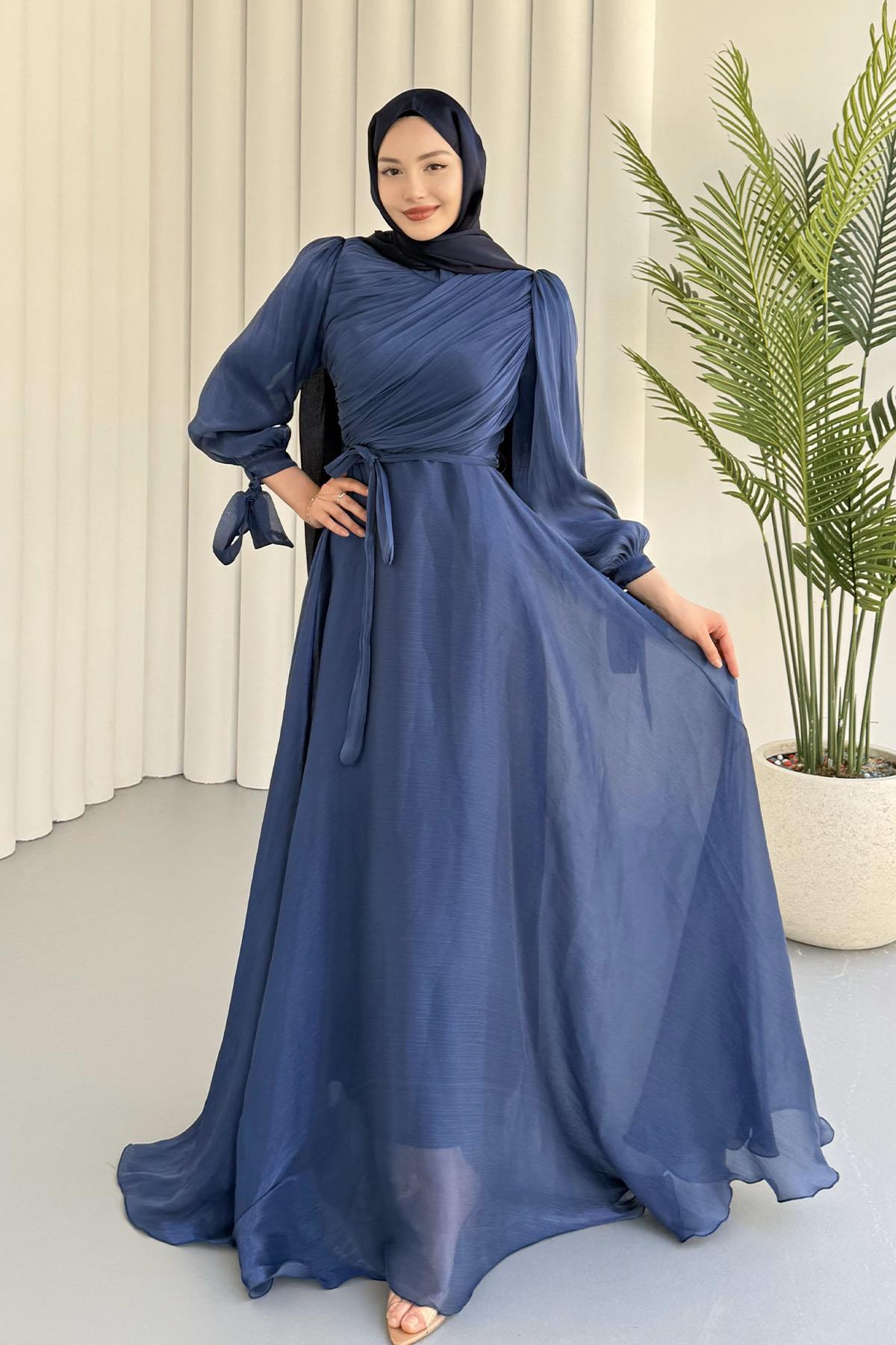 Gögüs Drapeli Kolları Bağlamalı Jan Jan Tesettür Abiye-LACİVERT