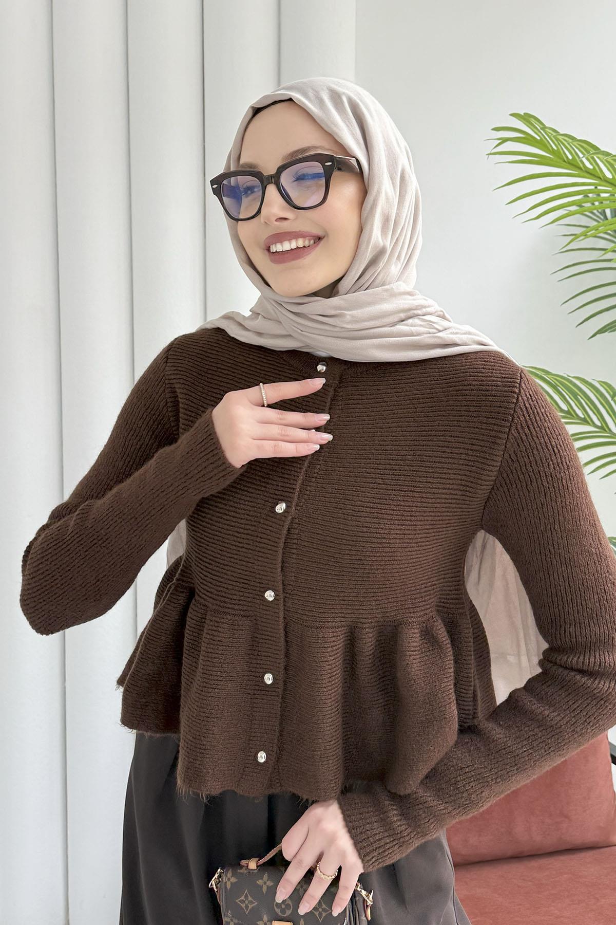 Gold Düğmeli Pileli Crop Hırka-KAHVERENGİ