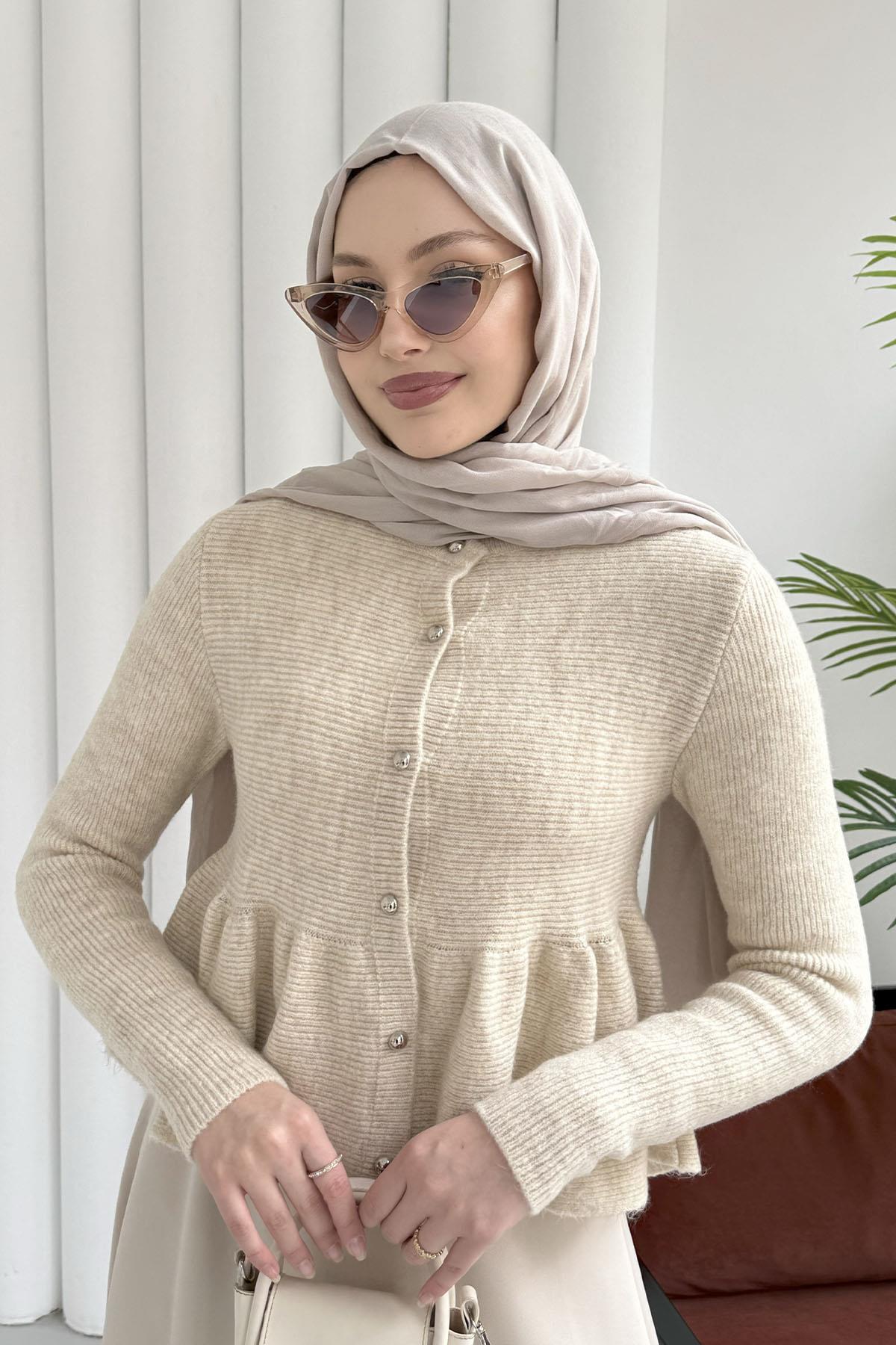 Gold Düğmeli Pileli Crop Hırka-TAŞ