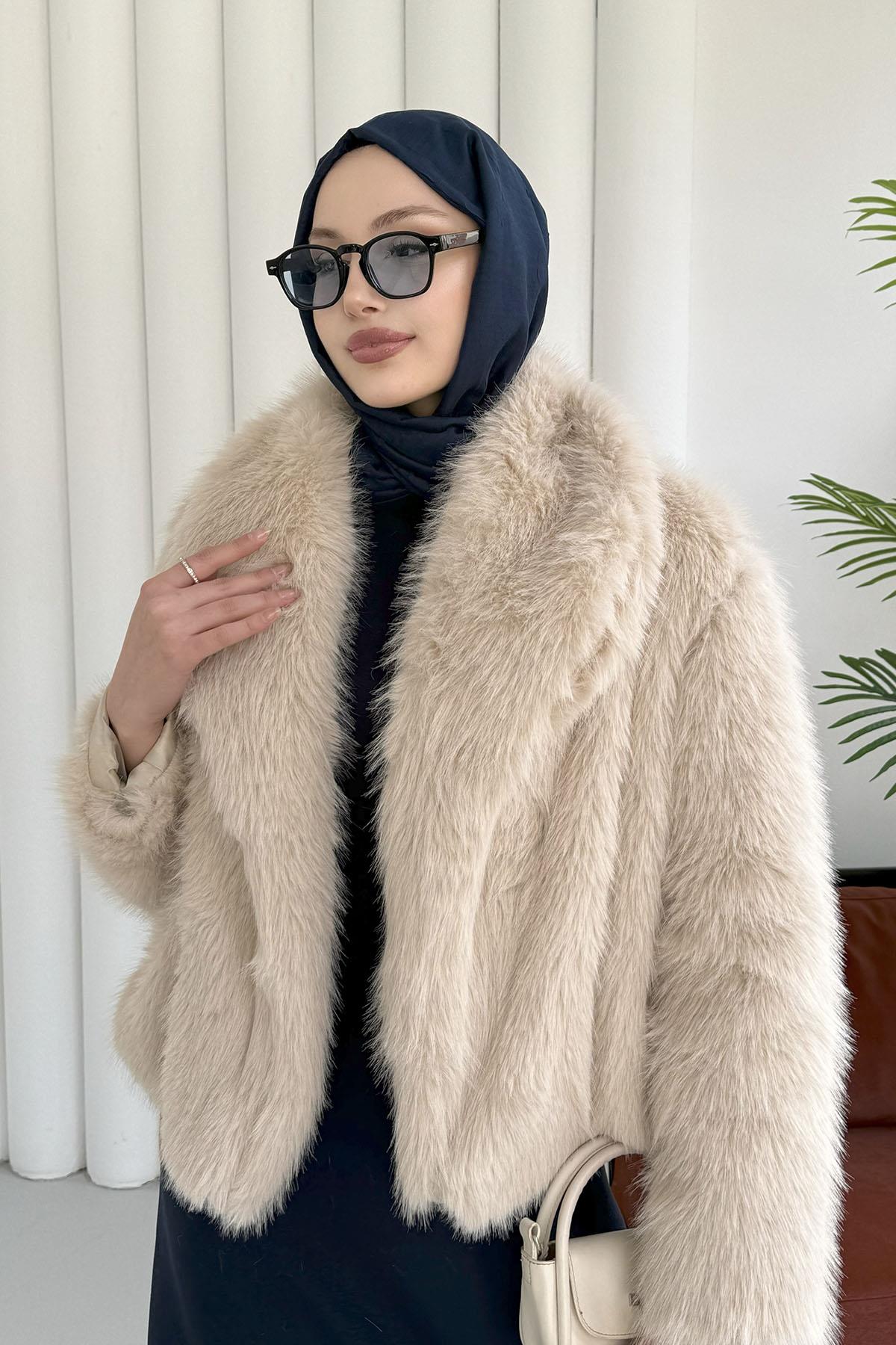 İçi Astarlı Premium Kısa Kürk Ceket-BEJ