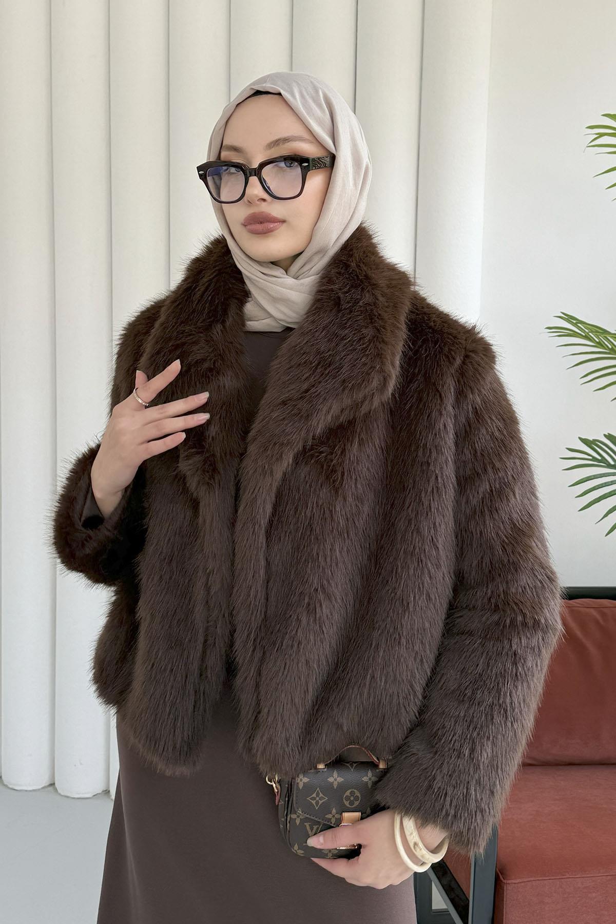 İçi Astarlı Premium Kısa Kürk Ceket-KAHVERENGİ