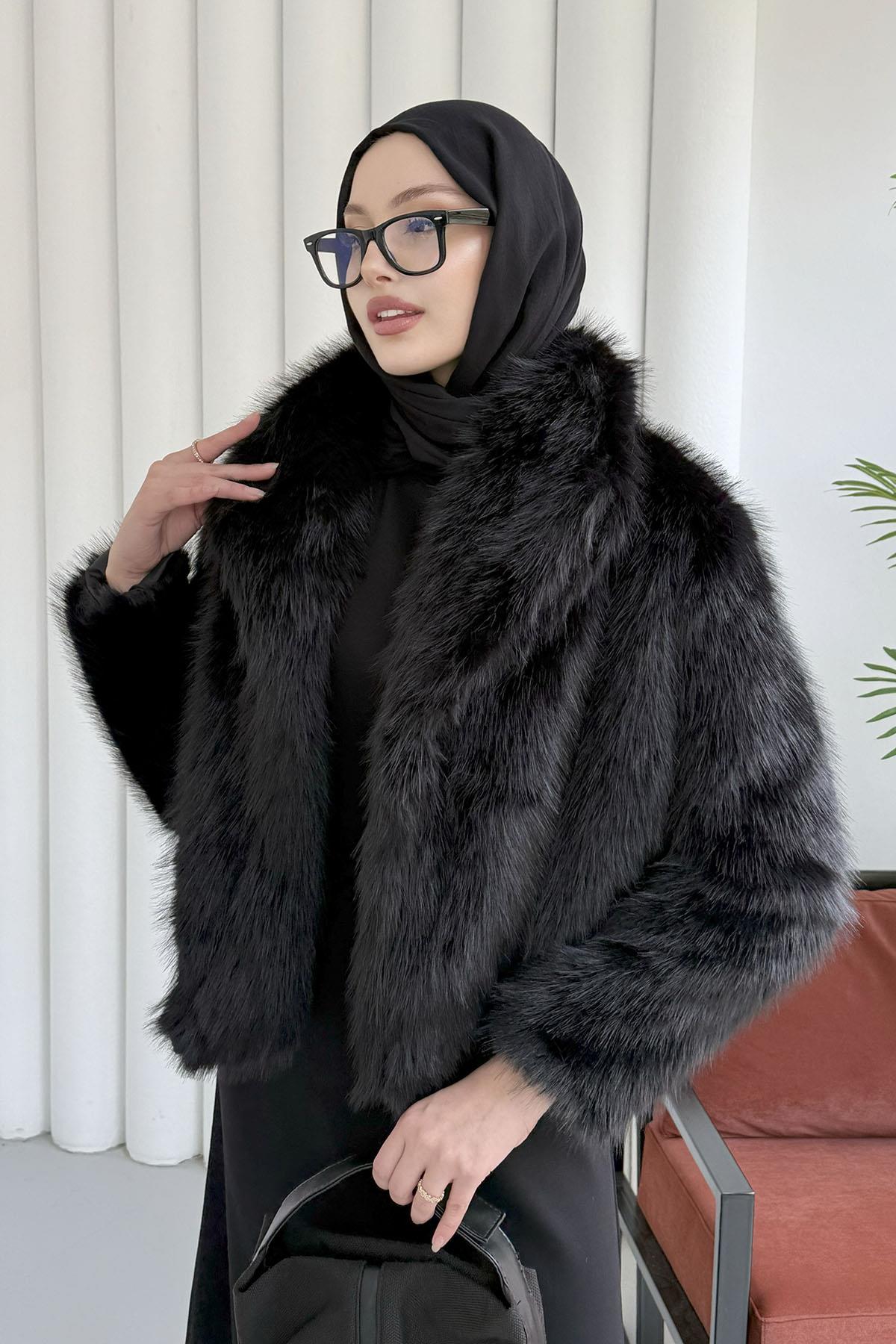 İçi Astarlı Premium Kısa Kürk Ceket-SİYAH