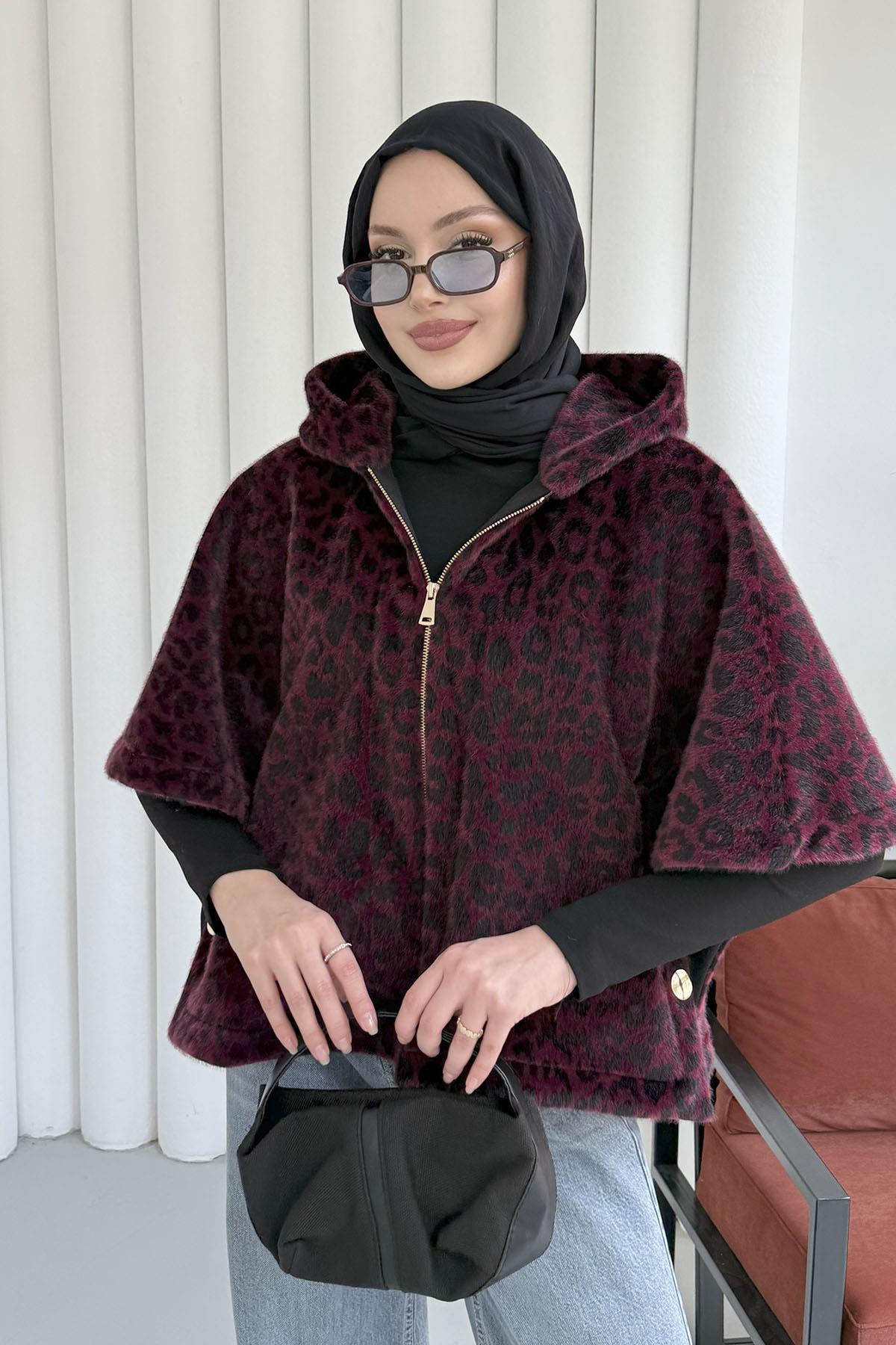 Kapşonlu Ön Fermuarlı Yarasa Kol Leopar Desen Panço-BORDO