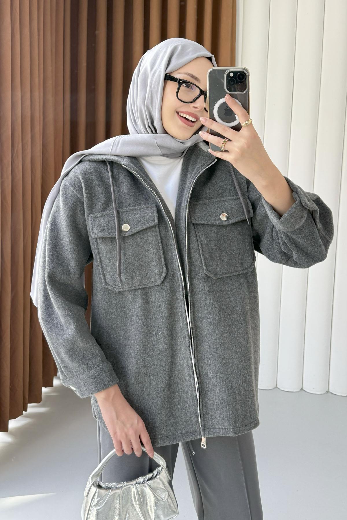 Kapüşonlu Kaşe Sweatshirt-FÜME