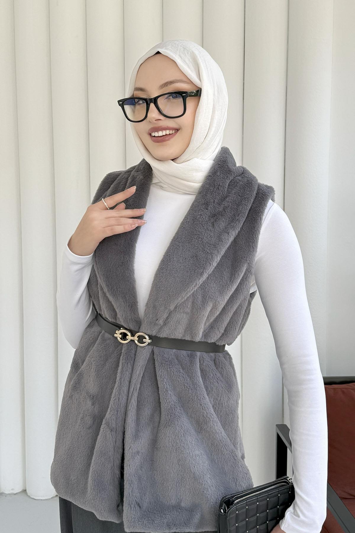 Kemer Detaylı Kürk Yelek-GRİ