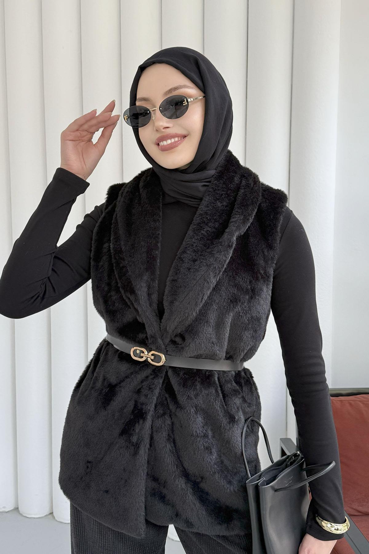 Kemer Detaylı Kürk Yelek-SİYAH