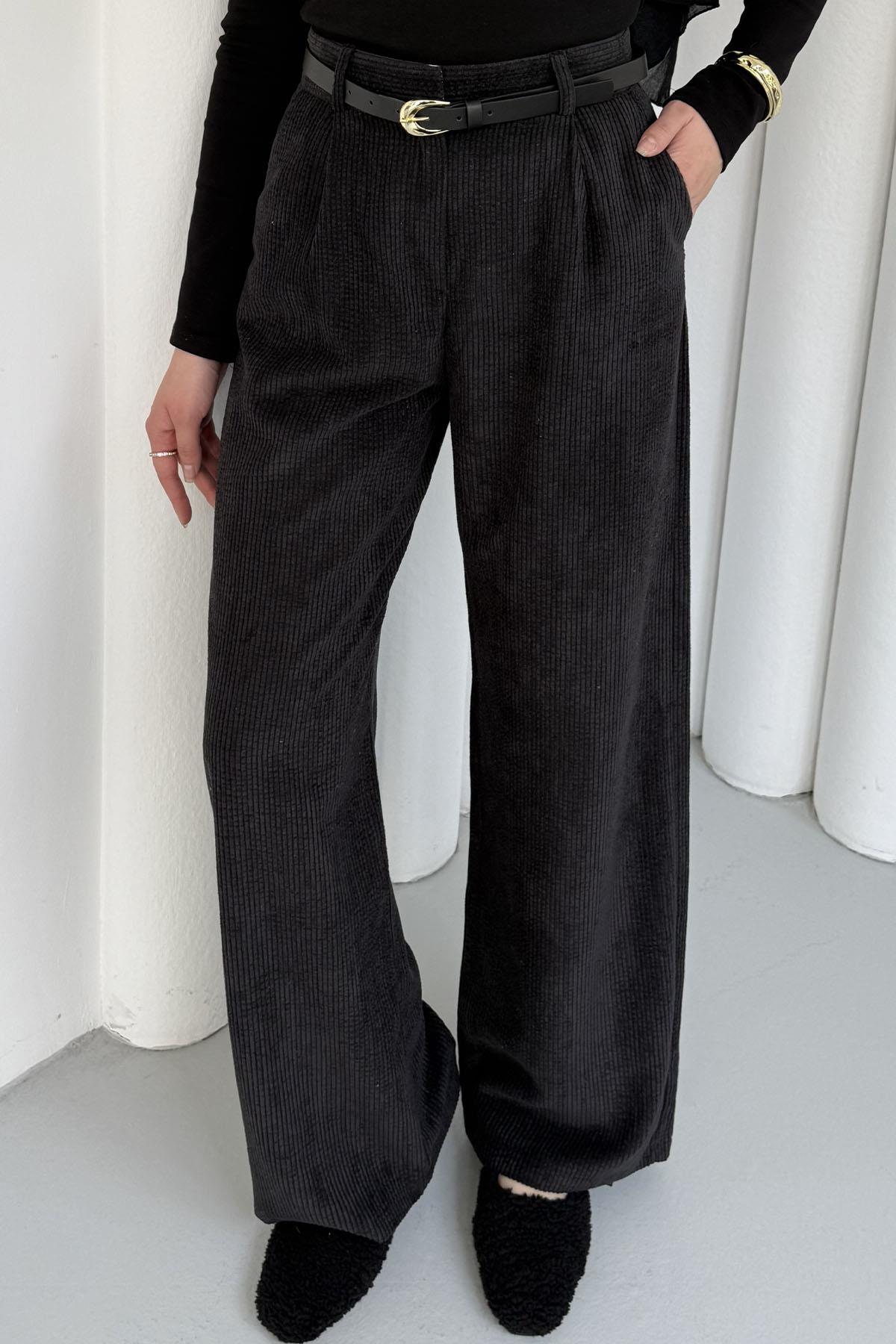 Kemerli Fitilli Kadife Bol Paça Pantolon-SİYAH