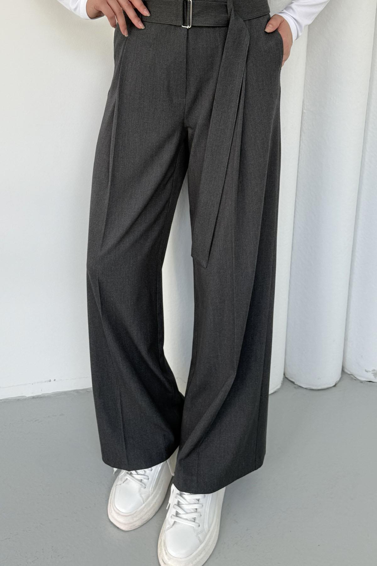 Kemerli Geniş Kumaş Pantolon-ANTRASİT