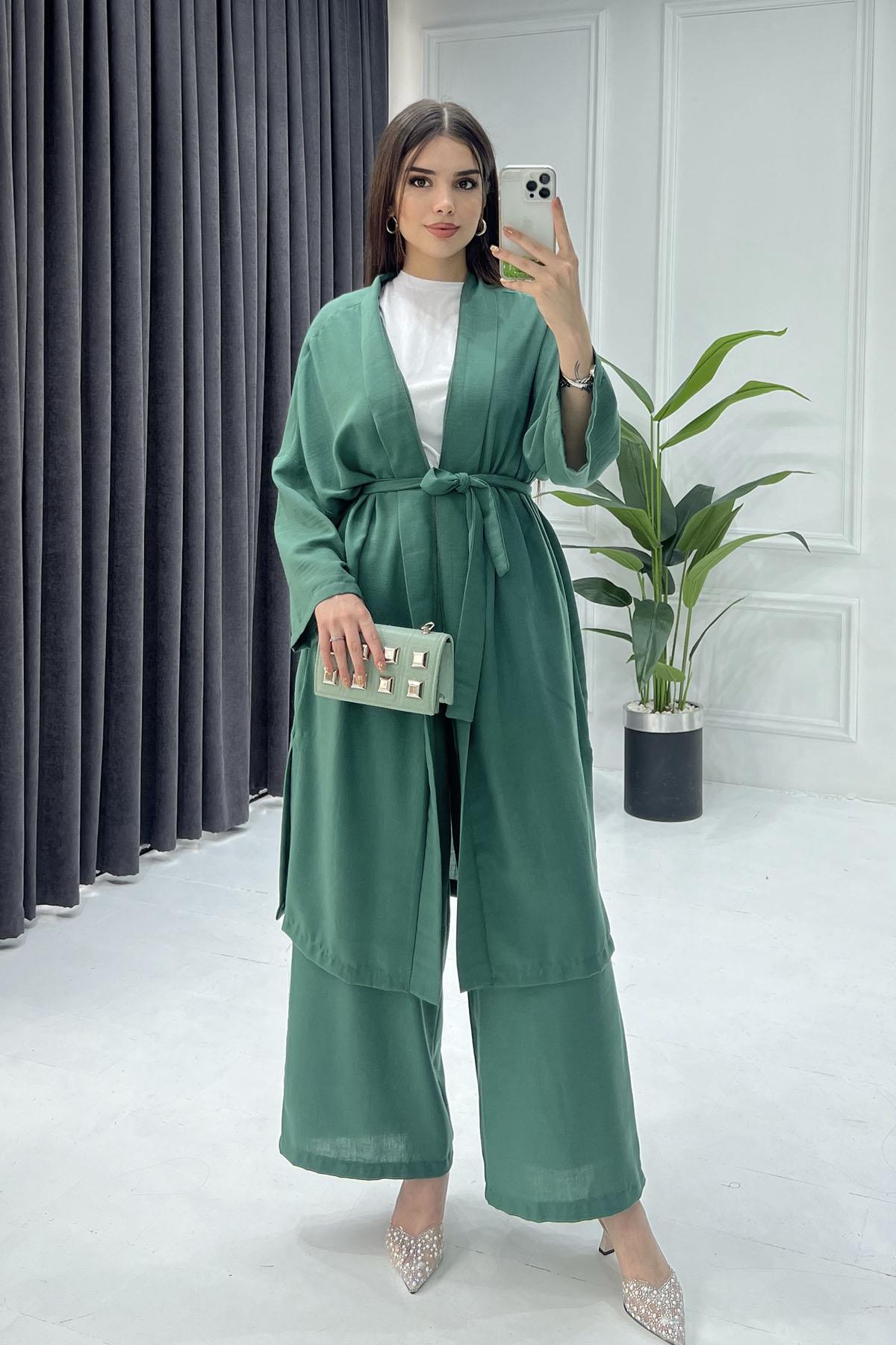 Keten Kimono Tesettür Takım-HAKİ YEŞİL