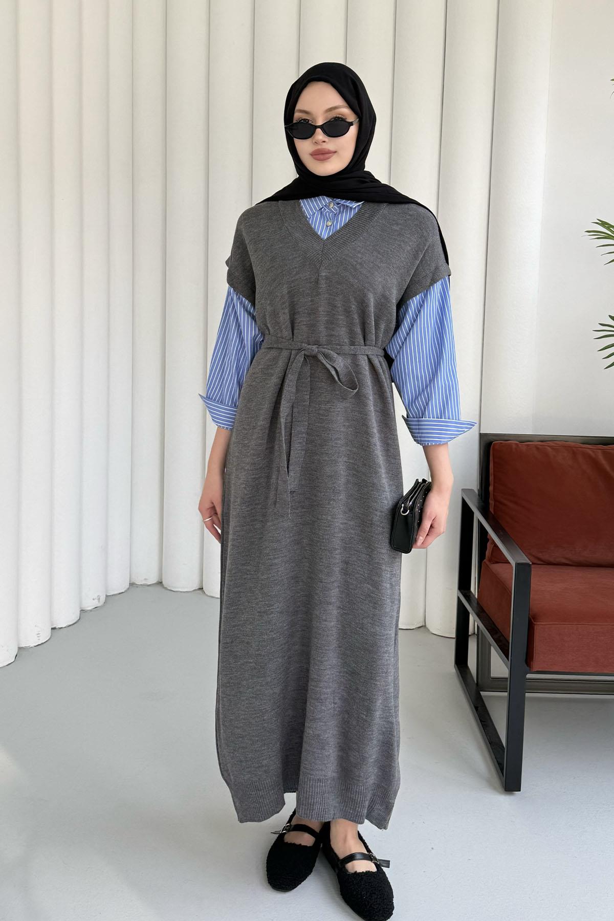 Kol Ve Yaka Gömlek Garnili Tesettür Elbise-GRİ