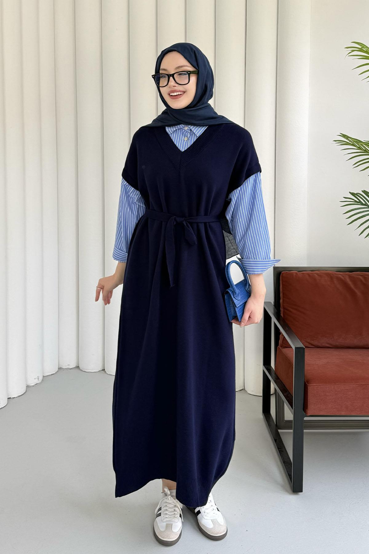 Kol Ve Yaka Gömlek Garnili Tesettür Elbise-LACİVERT