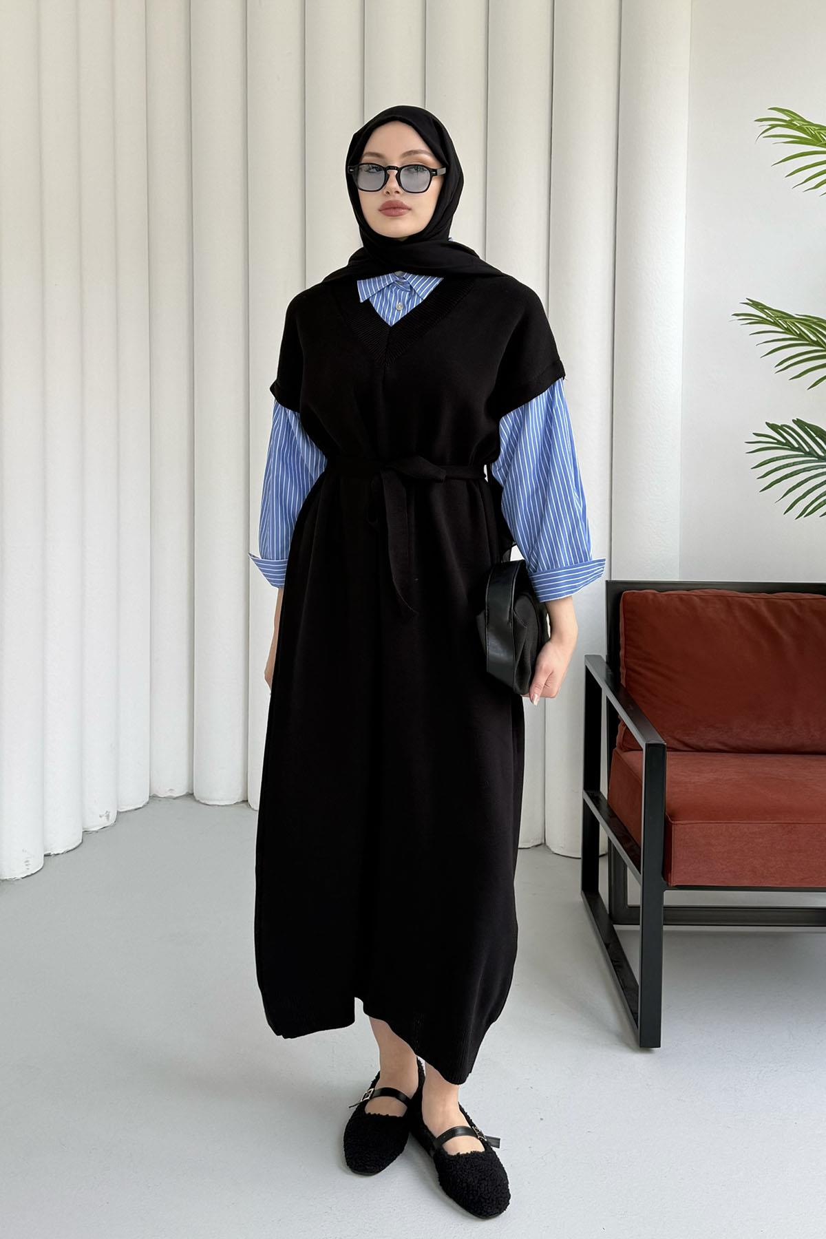 Kol Ve Yaka Gömlek Garnili Tesettür Elbise-SİYAH