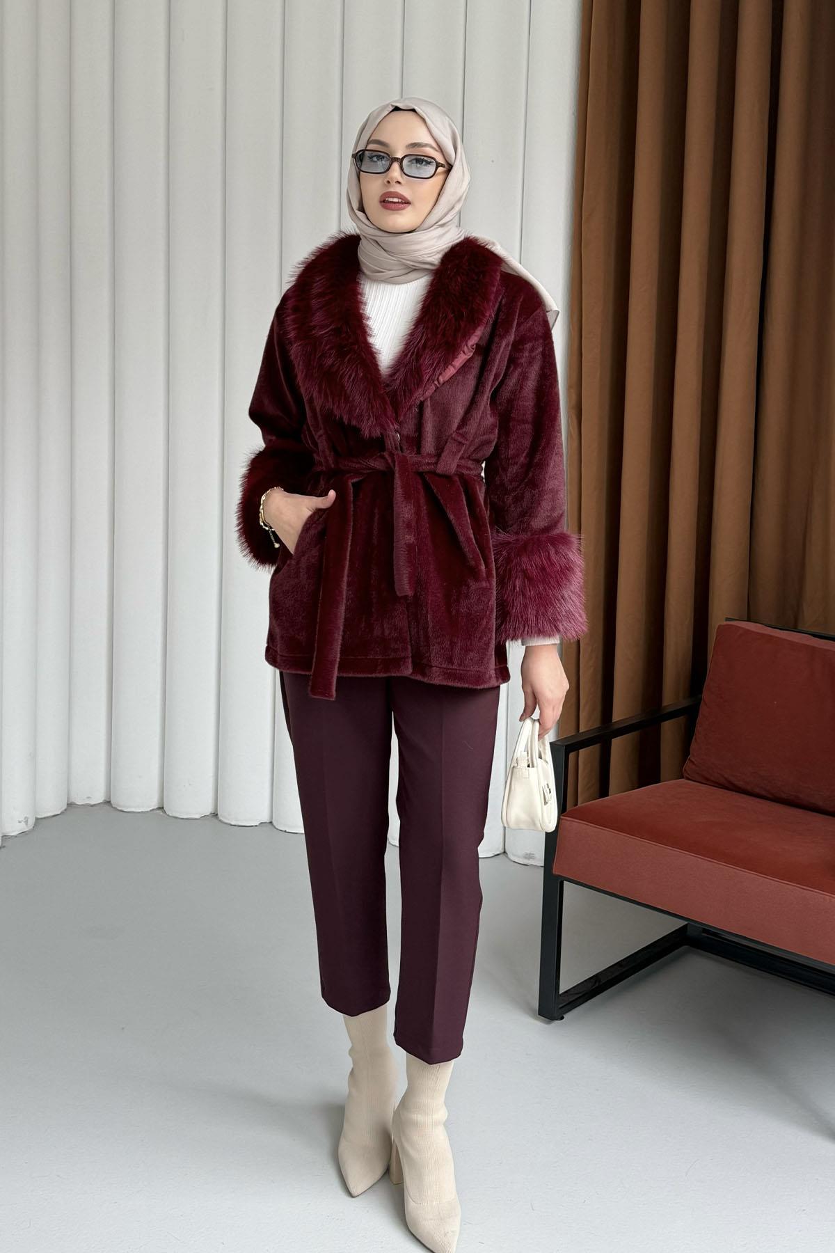 Kol Ve Yaka Kürk Detaylı Kaban-BORDO