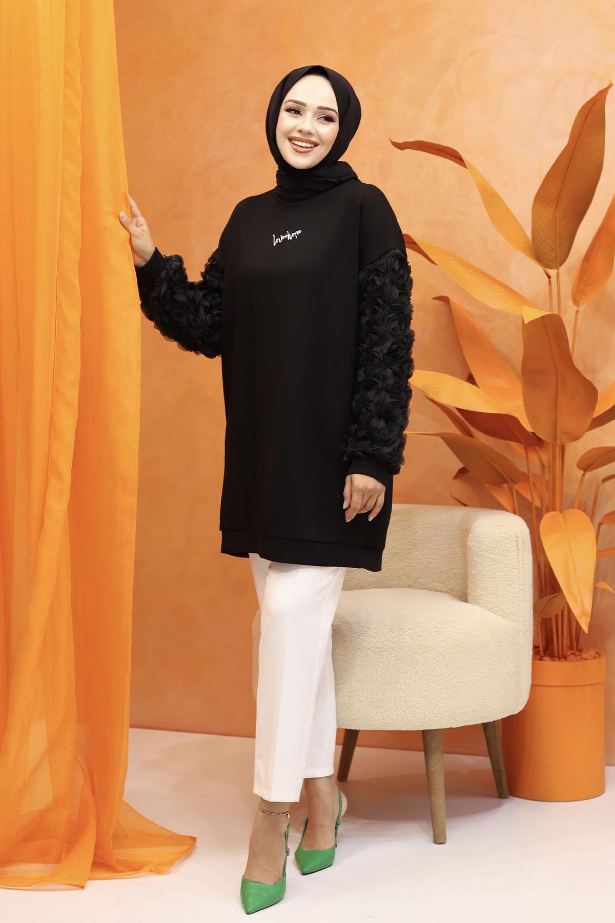 Kolları Gül Detaylı Baskılı Oversize Sweatshirt-SİYAH