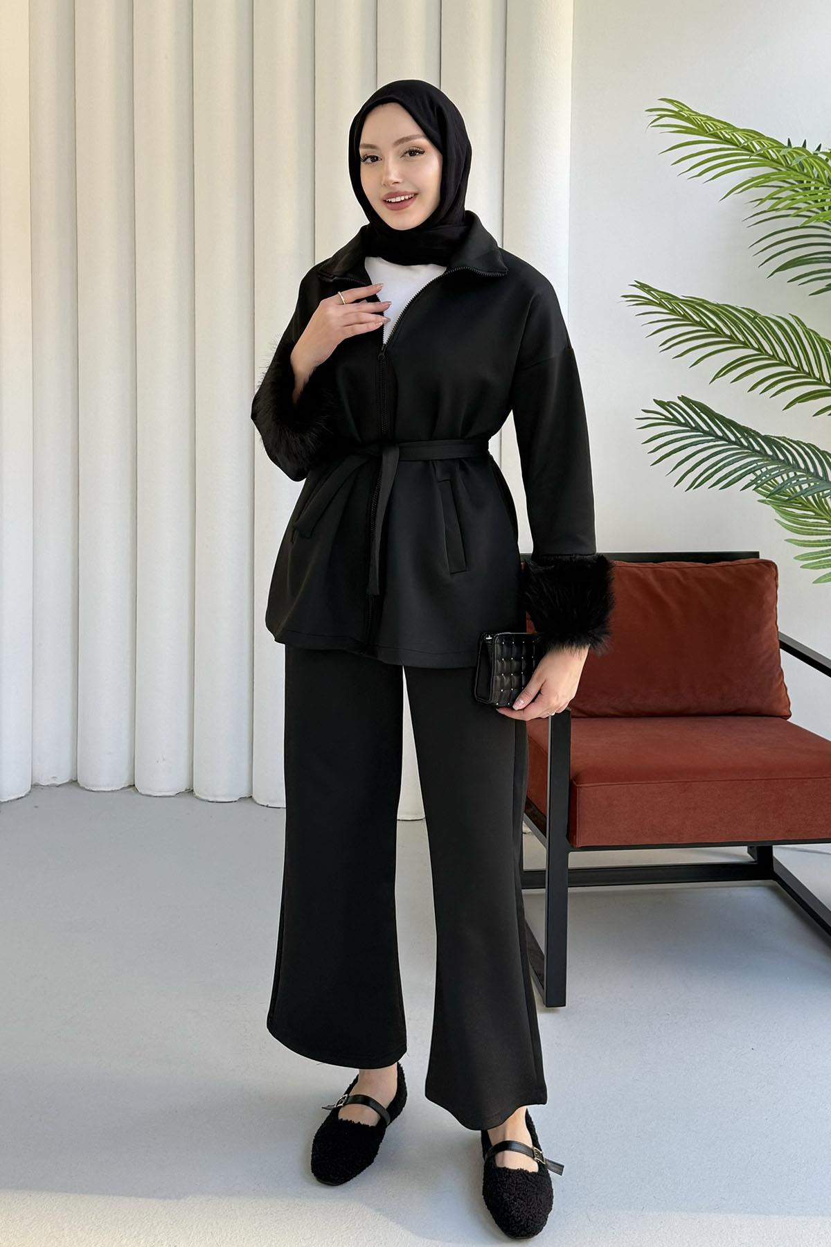 Kolları Kürk Detaylı Pantolonlu Tesettür Takım-SİYAH