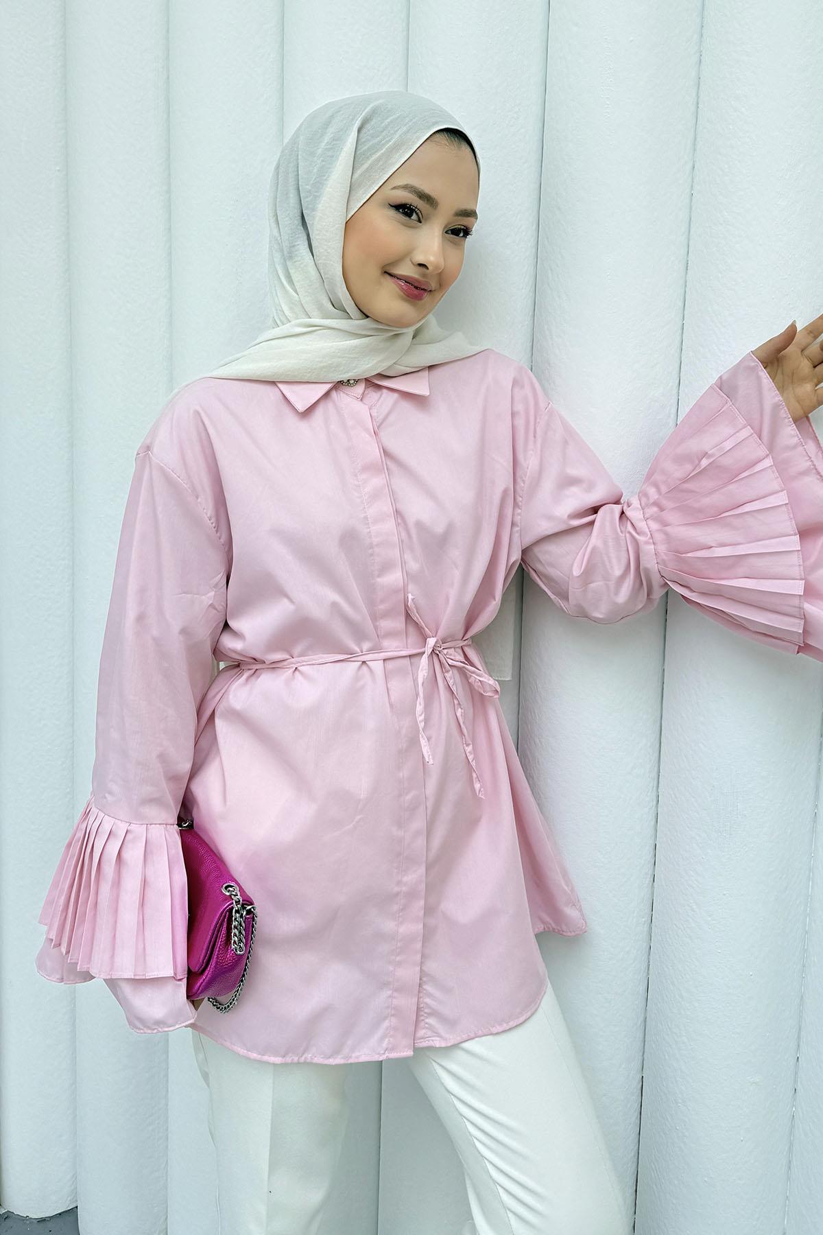 Kolu Piliseli Tasarım Tesettür Gömlek-PEMBE